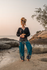 High Crotch Harem Pants - Large Paisley Print - Turquoise