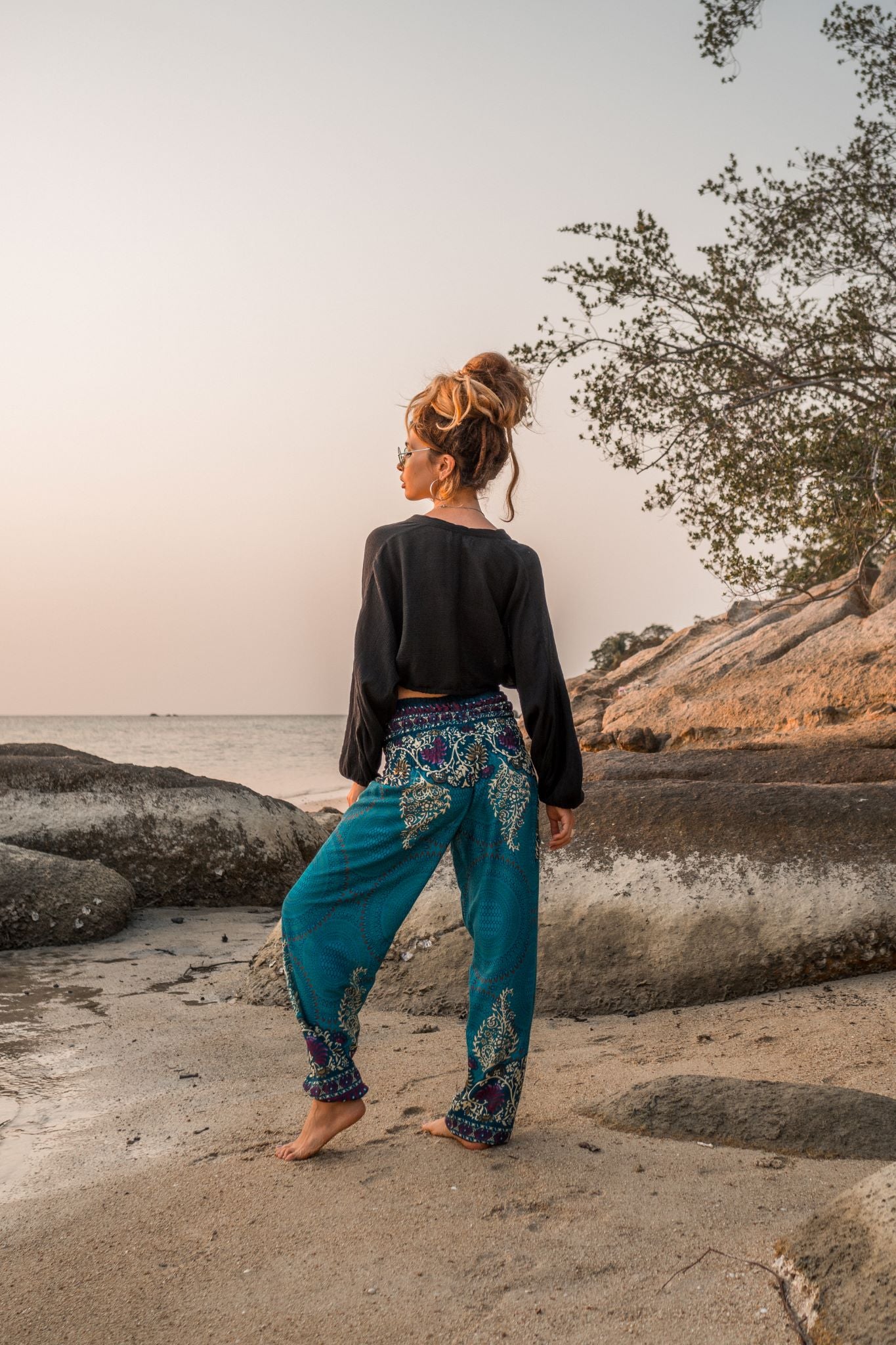 High Crotch Harem Pants - Large Paisley Print - Turquoise