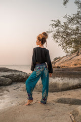 High Crotch Harem Pants - Large Paisley Print - Turquoise