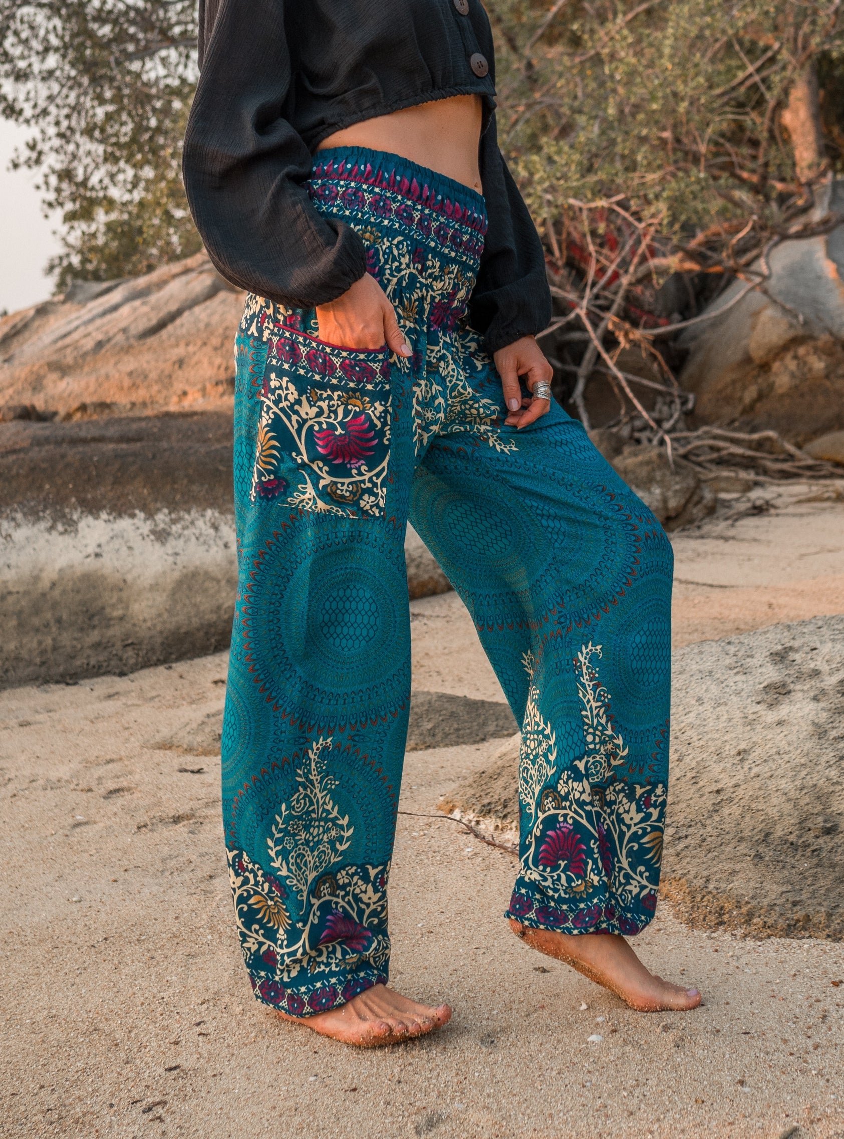 High Crotch Harem Pants - Large Paisley Print - Turquoise