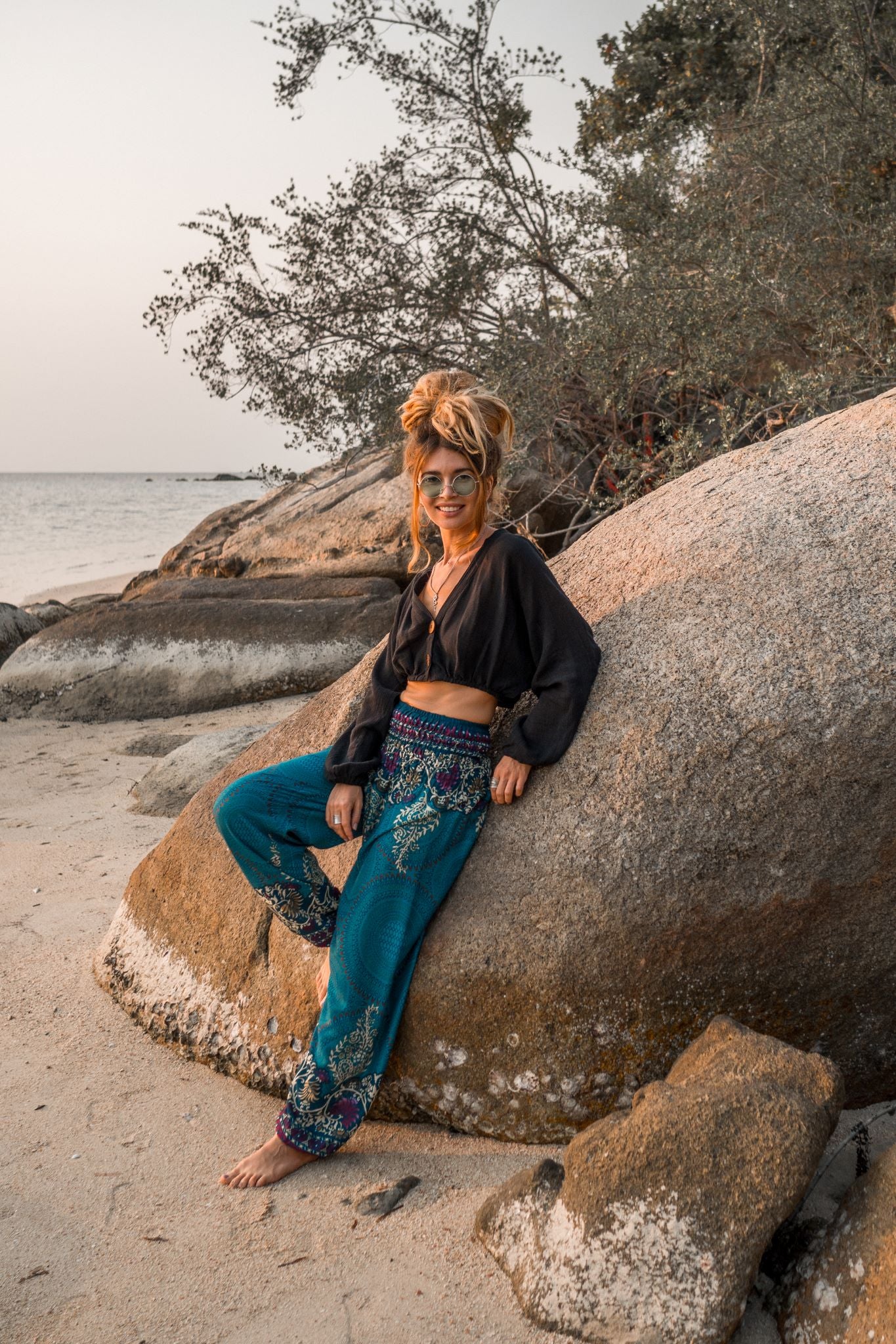 High Crotch Harem Pants - Large Paisley Print - Turquoise