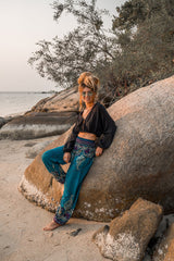 High Crotch Harem Pants - Large Paisley Print - Turquoise