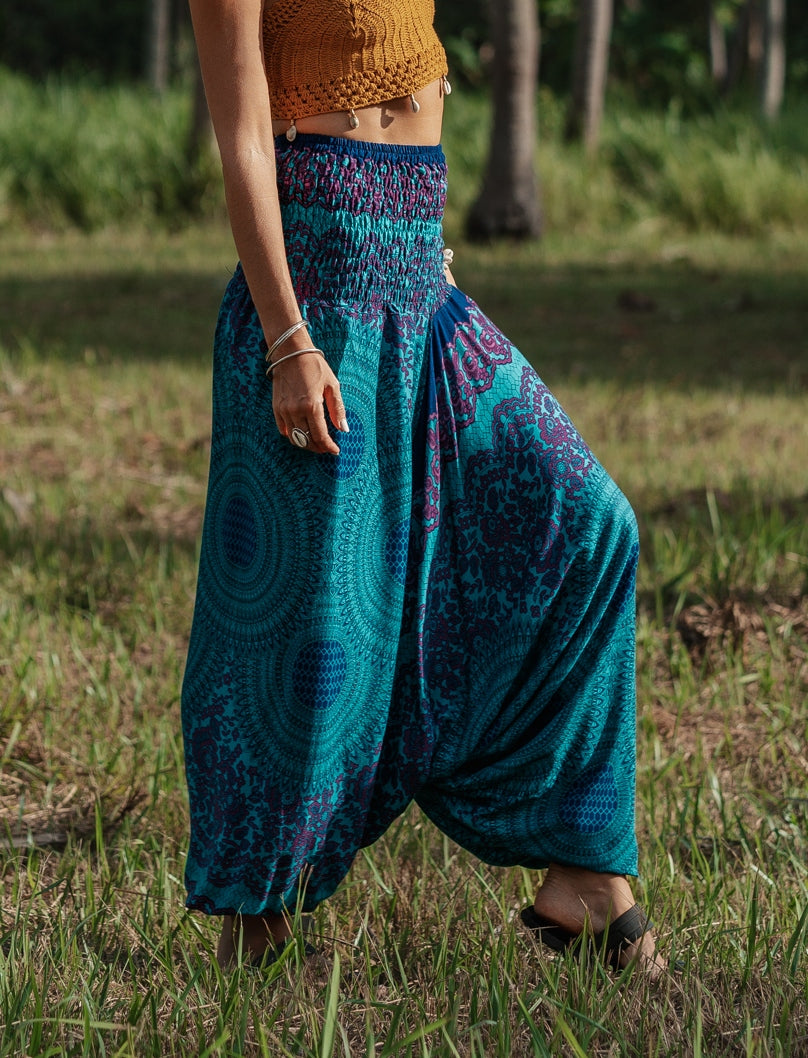 Harem Pants - Mandala Print with Pink Flower Pattern - Sea Green