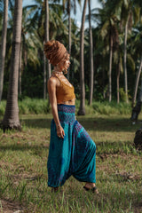 Harem Pants - Mandala Print with Pink Flower Pattern - Sea Green