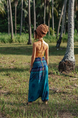 Harem Pants - Mandala Print with Pink Flower Pattern - Sea Green