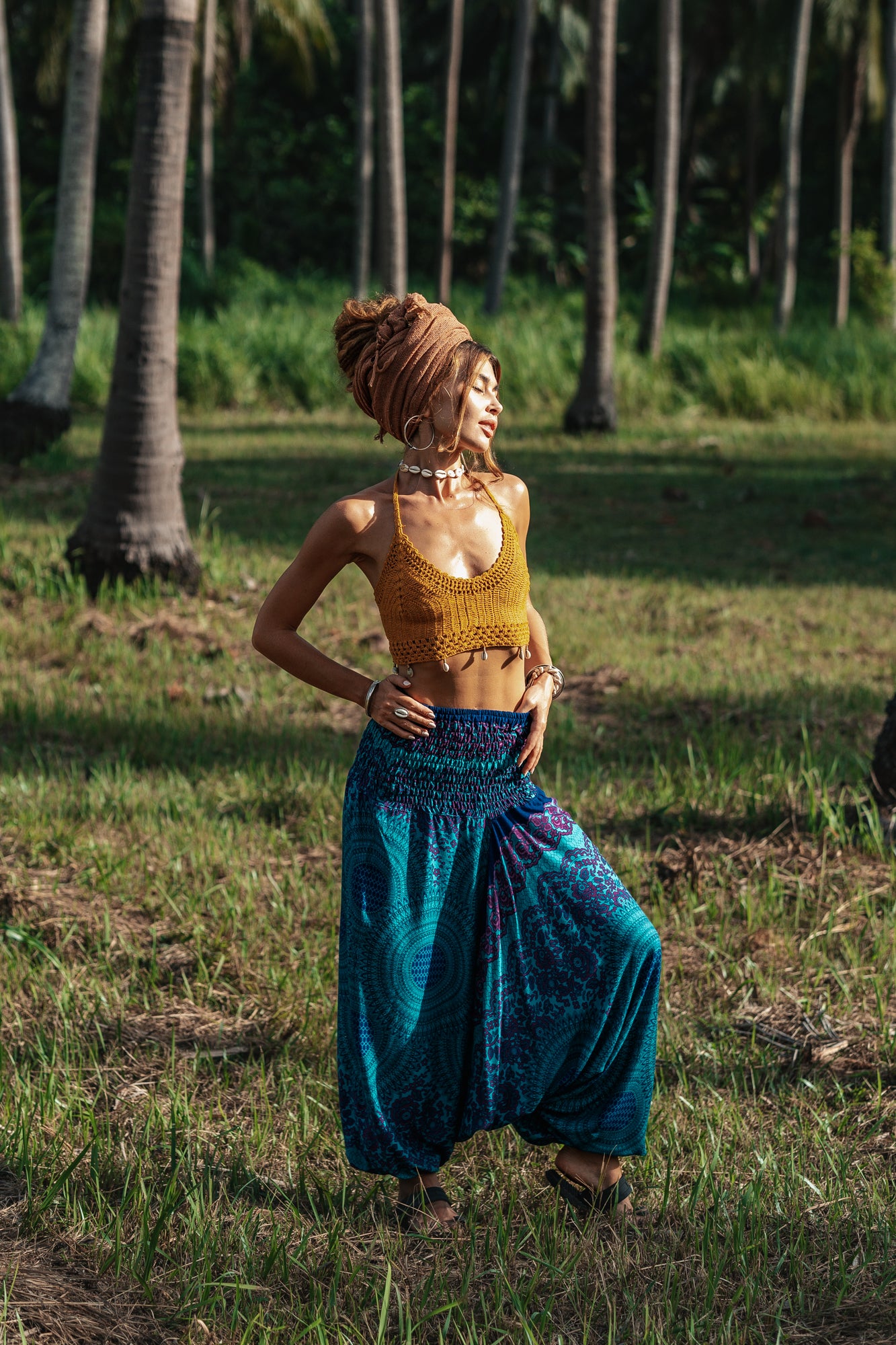 Harem Pants - Mandala Print with Pink Flower Pattern - Sea Green