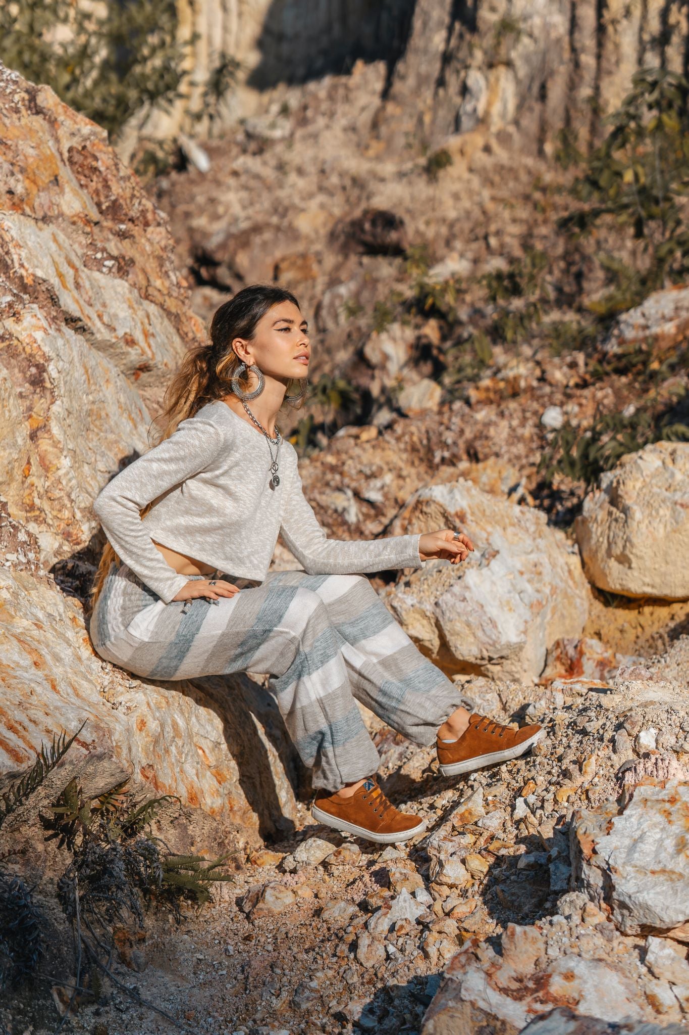 Warm High Crotch Harem Pants - Cashmilon Striped - Grey/Cream/Beige