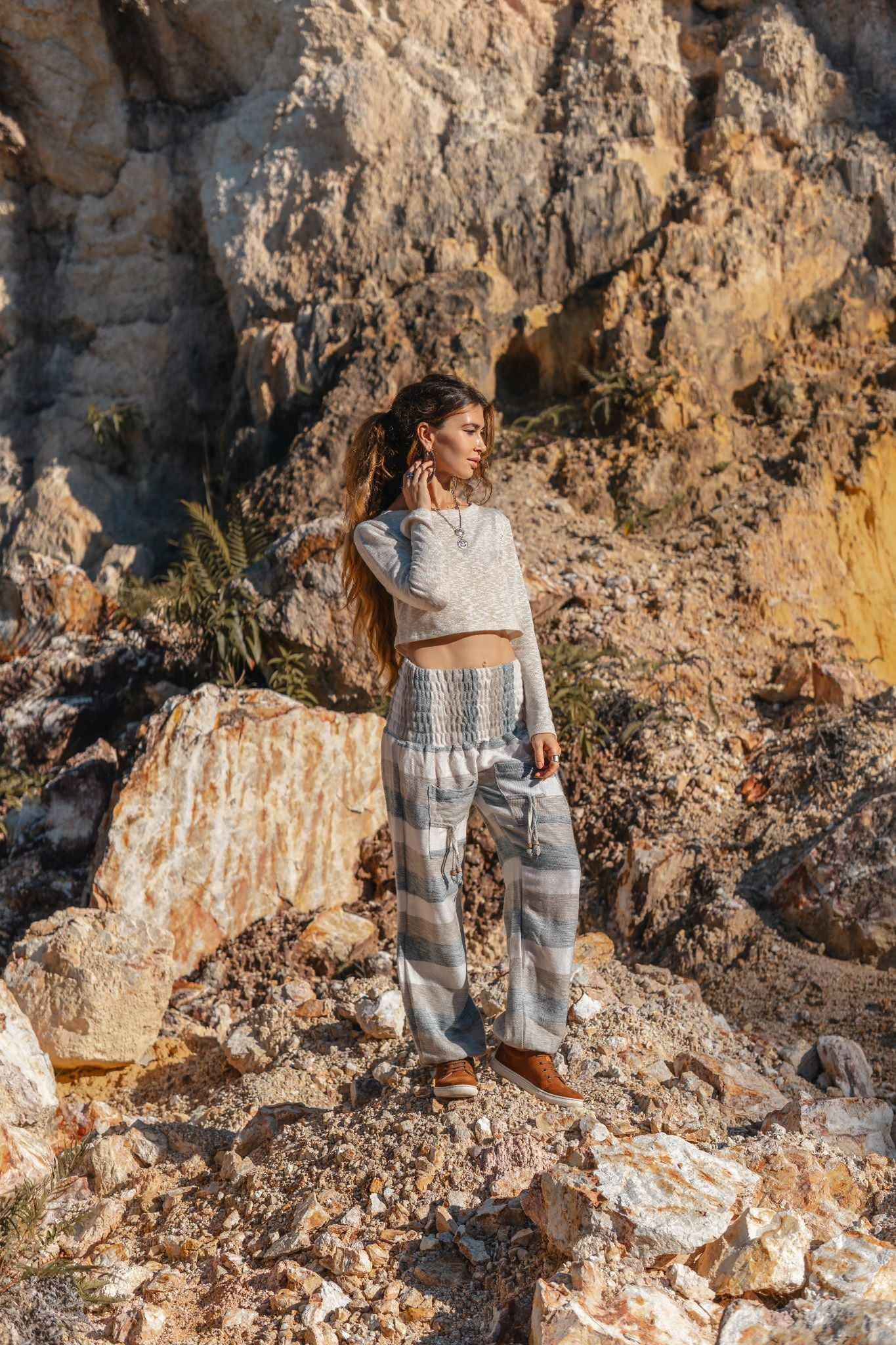 Warm High Crotch Harem Pants - Cashmilon Striped - Grey/Cream/Beige