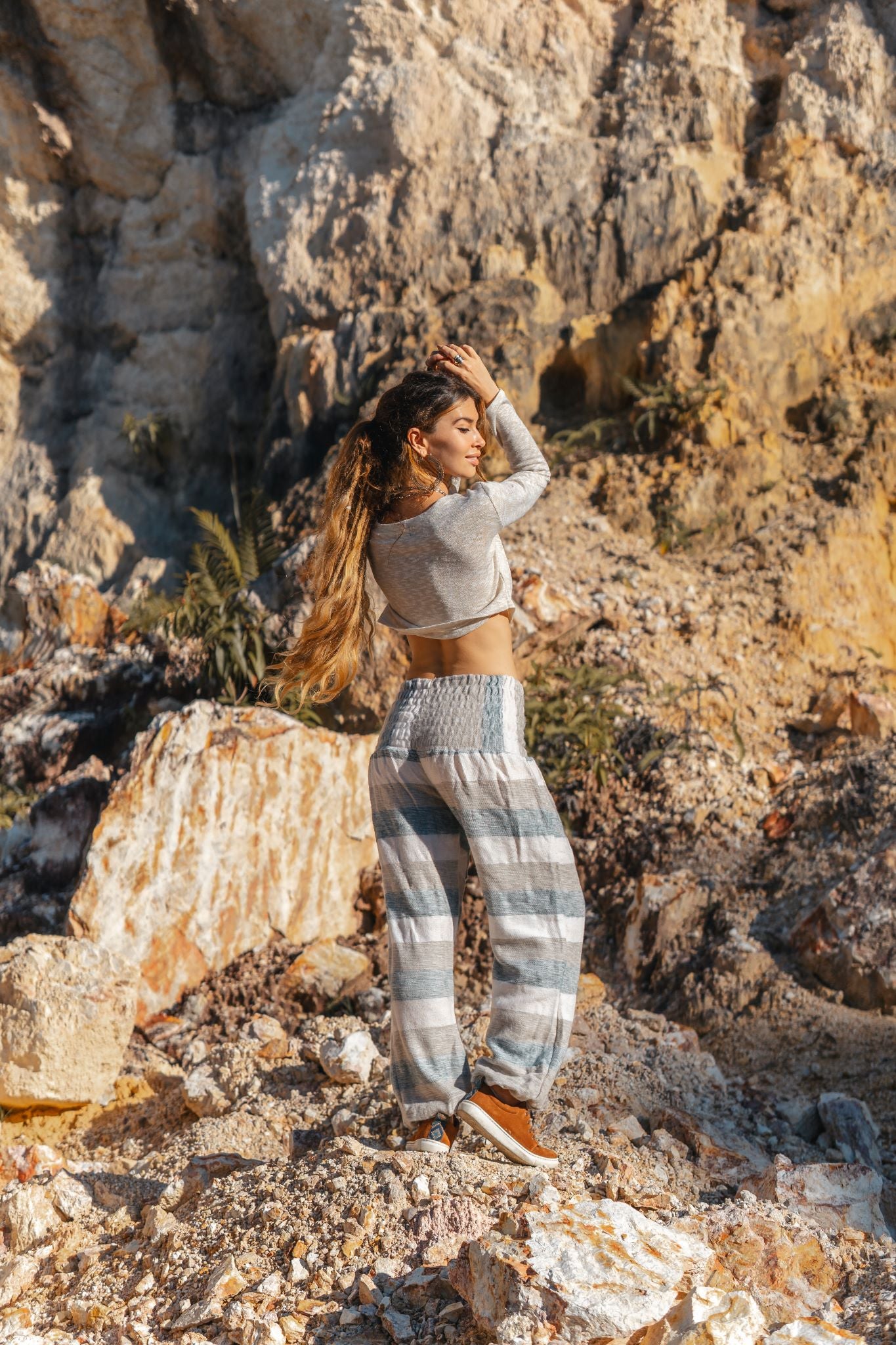 Warm High Crotch Harem Pants - Cashmilon Striped - Grey/Cream/Beige