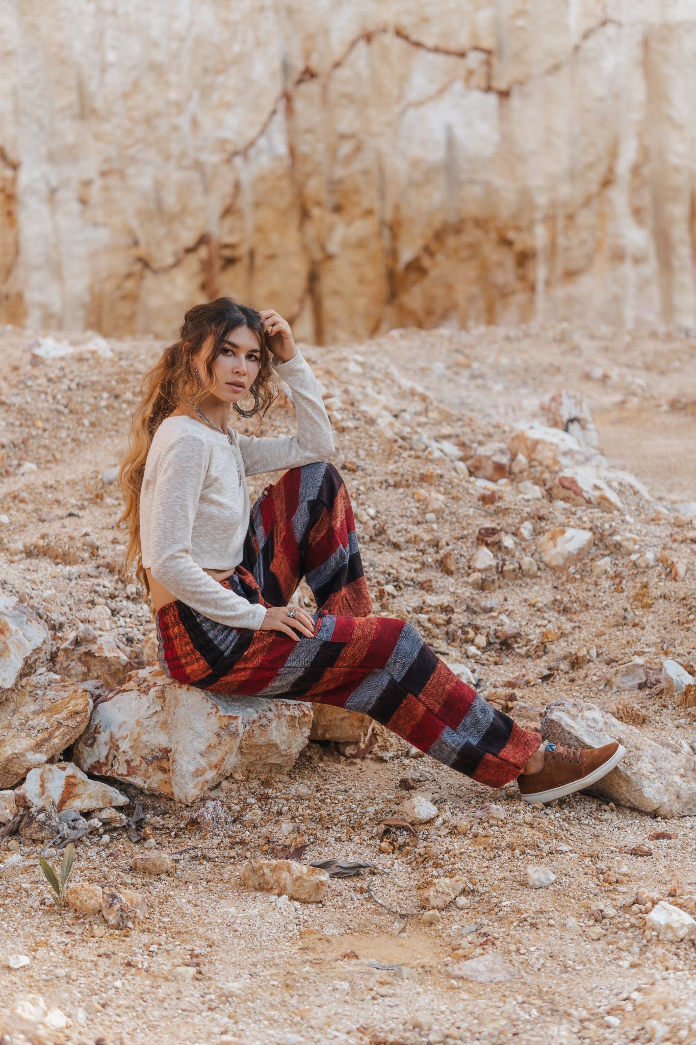 Warm High Crotch Harem Pants - Cashmilon - Red/Orange/Grey Striped