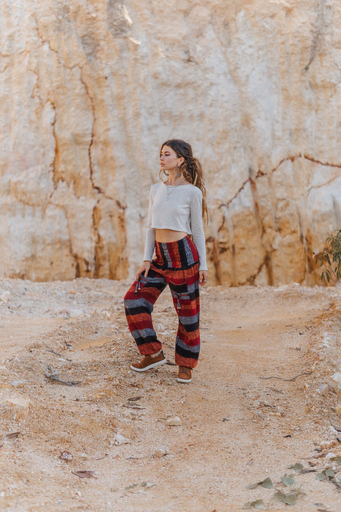 Warm High Crotch Harem Pants - Cashmilon - Red/Orange/Grey Striped