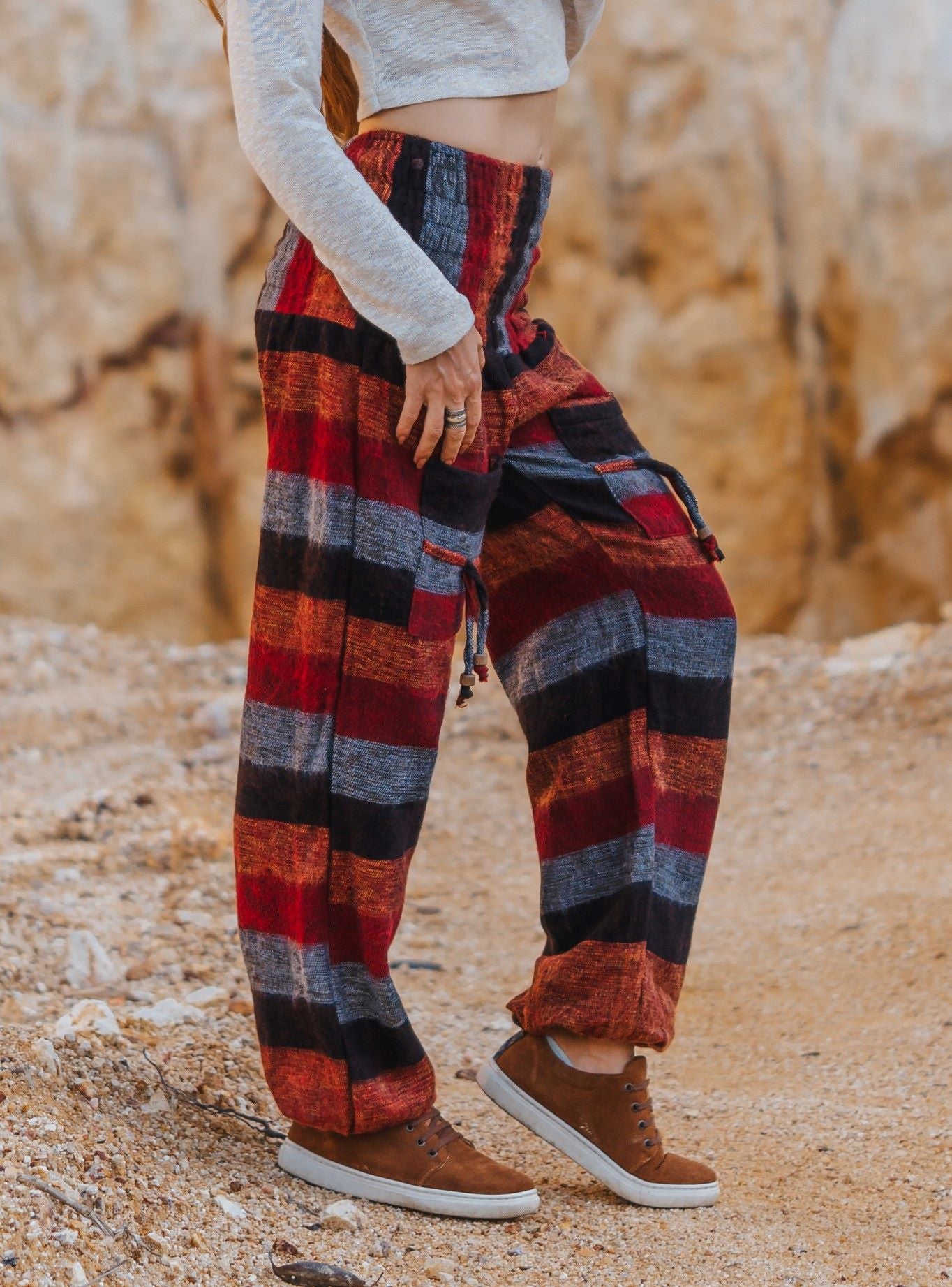 Warm High Crotch Harem Pants - Cashmilon - Red/Orange/Grey Striped