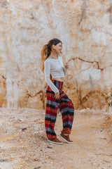 Warm High Crotch Harem Pants - Cashmilon - Red/Orange/Grey Striped