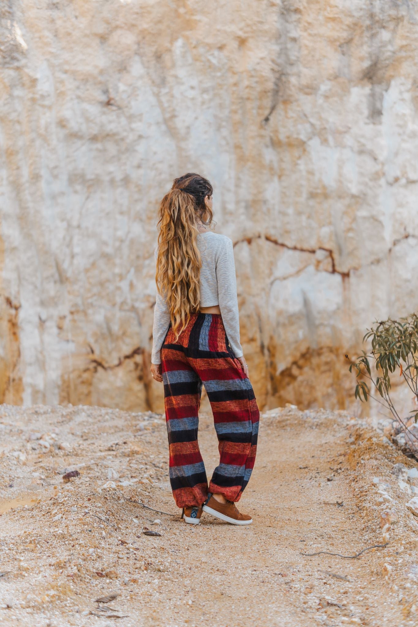 Warm High Crotch Harem Pants - Cashmilon - Red/Orange/Grey Striped