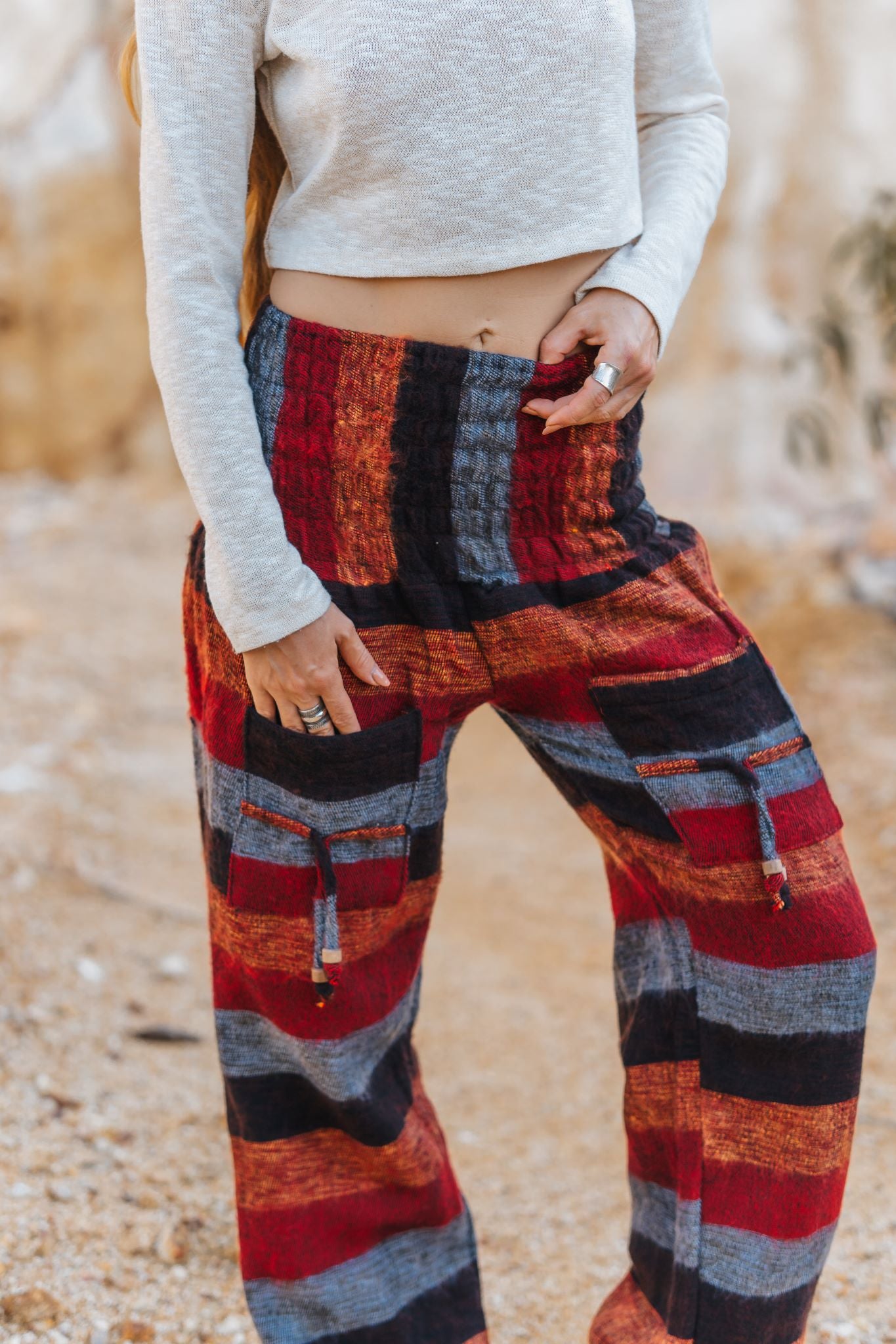 Warm High Crotch Harem Pants - Cashmilon - Red/Orange/Grey Striped