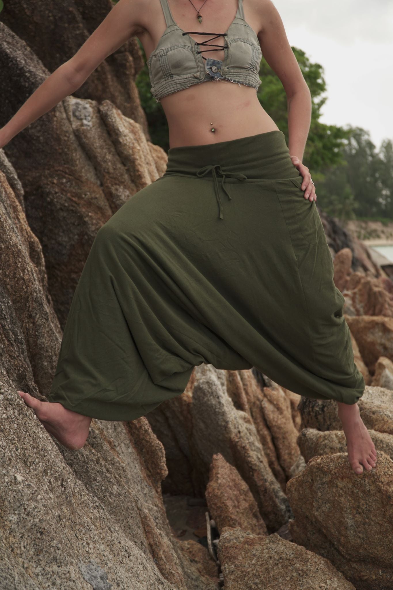 winter harem pants fleece lined plain green