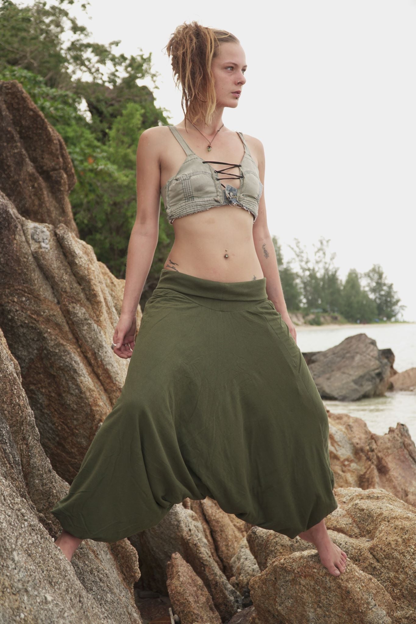 winter harem pants fleece lined plain green