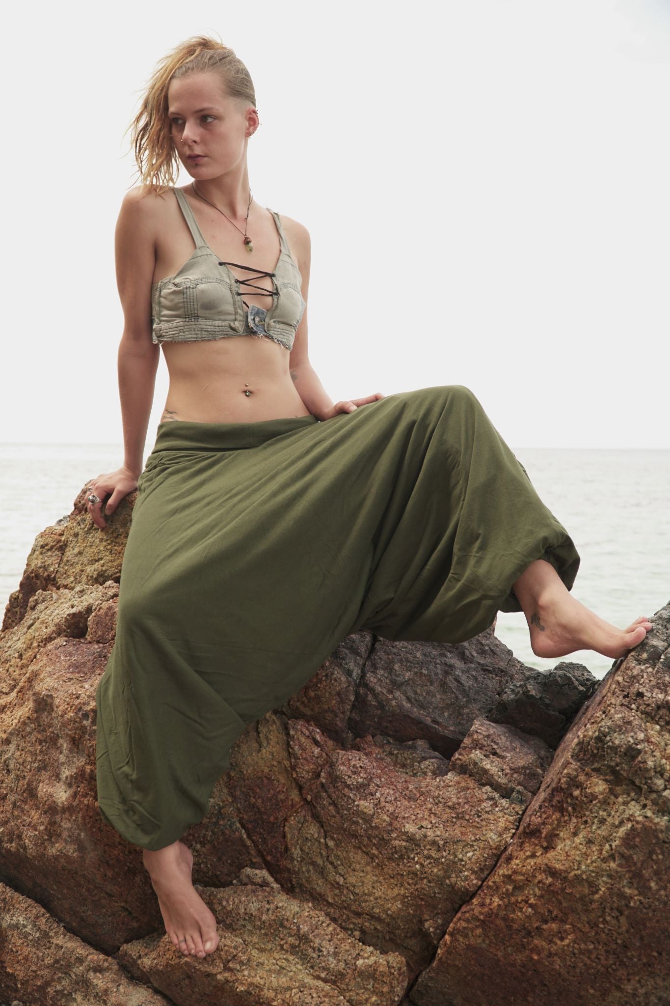 plain green harem pants with fleece lining