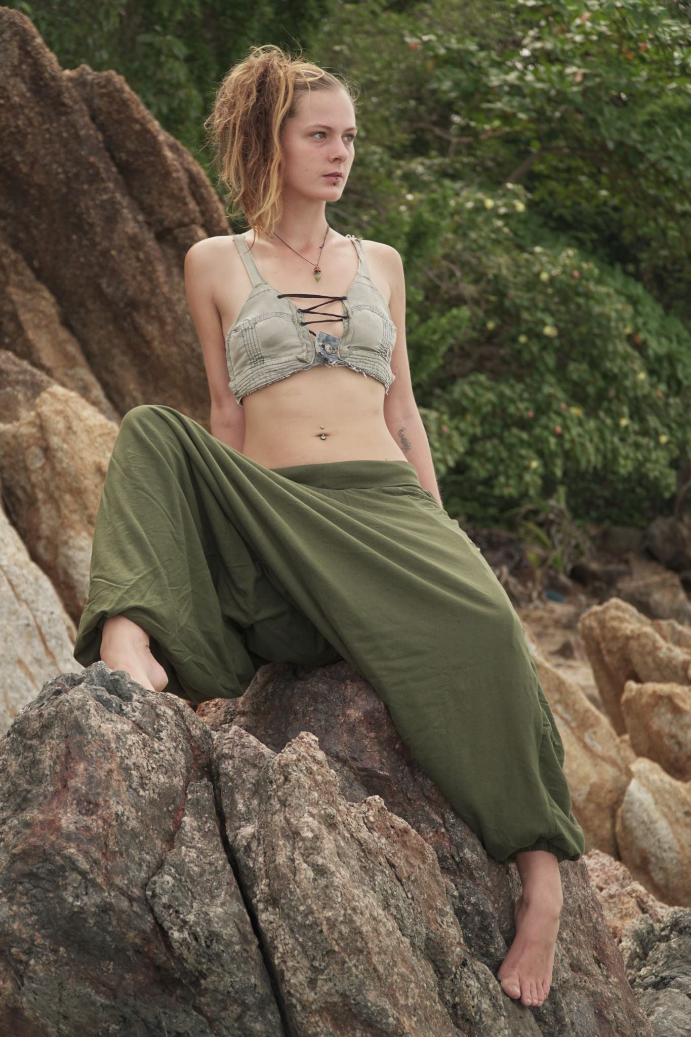 plain green harem pants with fleece lining