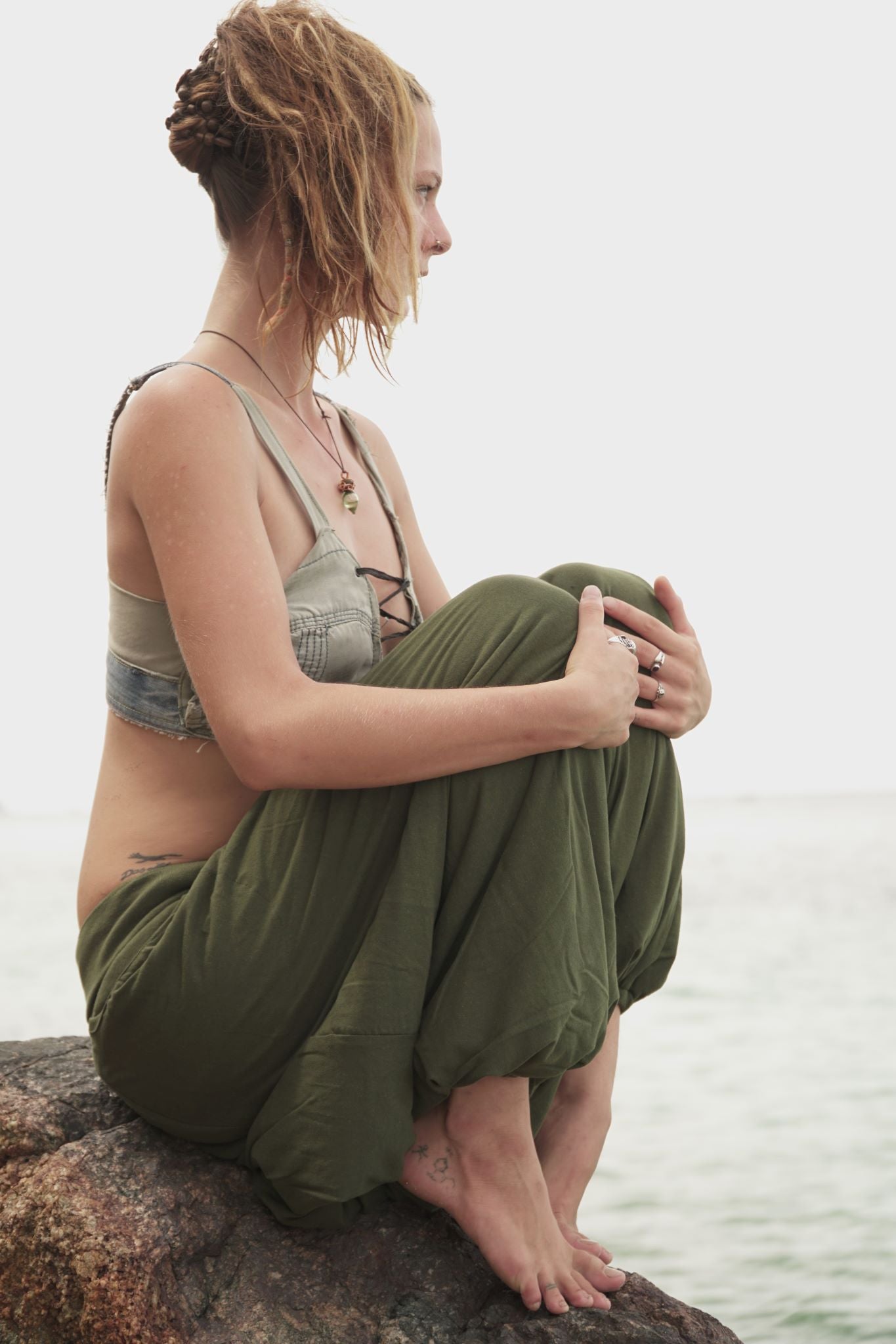 winter harem pants fleece lined plain green