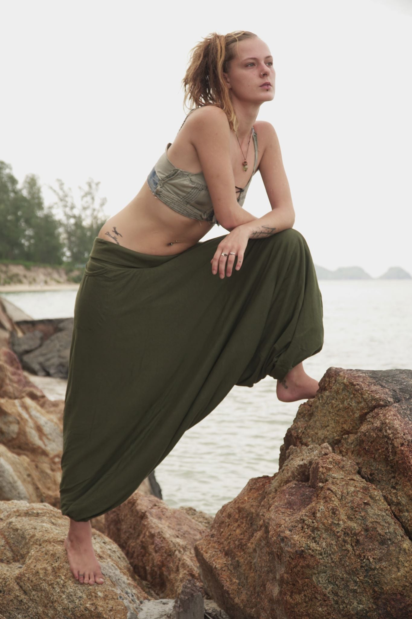 plain green fleece lined harem pants