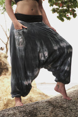 Fleece Lined Harem Pants - Tie Dye - Grey