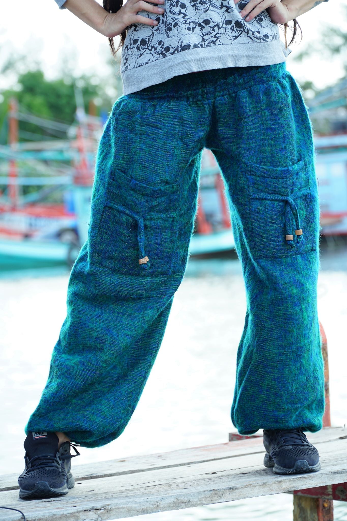 Warm High Crotch Harem Pants - Cashmilon - Blue & Green Mix