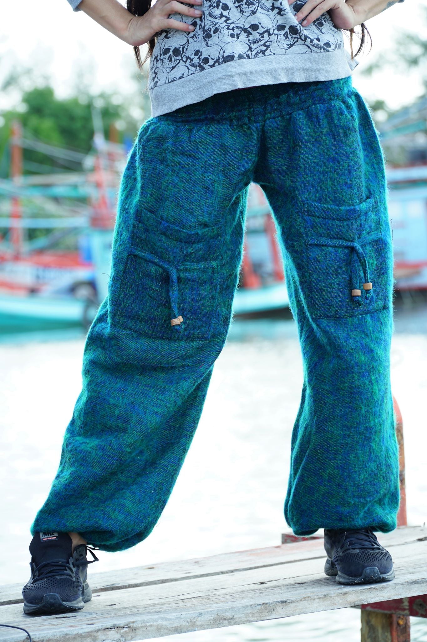 Warm High Crotch Harem Pants - Cashmilon - Blue/Green