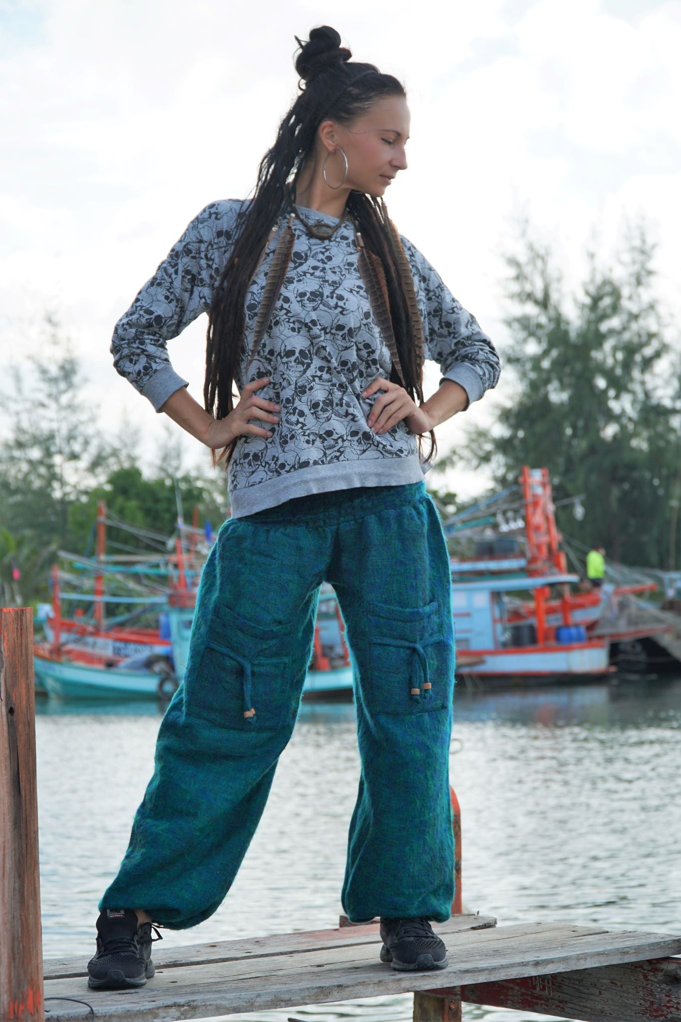 Warm High Crotch Harem Pants - Cashmilon - Blue & Green Mix