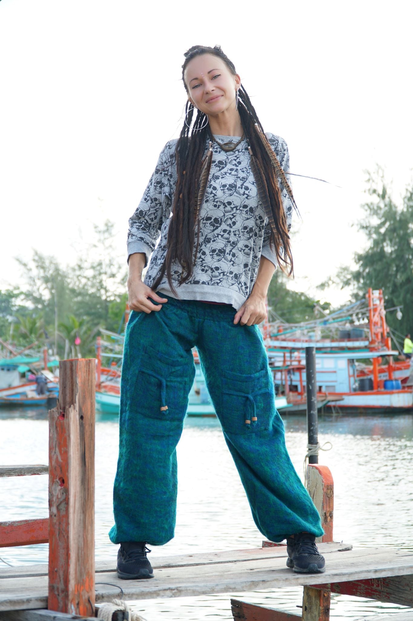 Warm High Crotch Harem Pants - Cashmilon - Blue & Green Mix