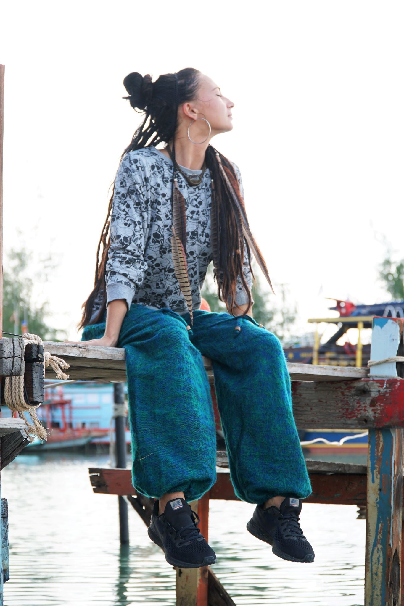 Warm High Crotch Harem Pants - Cashmilon - Blue & Green Mix