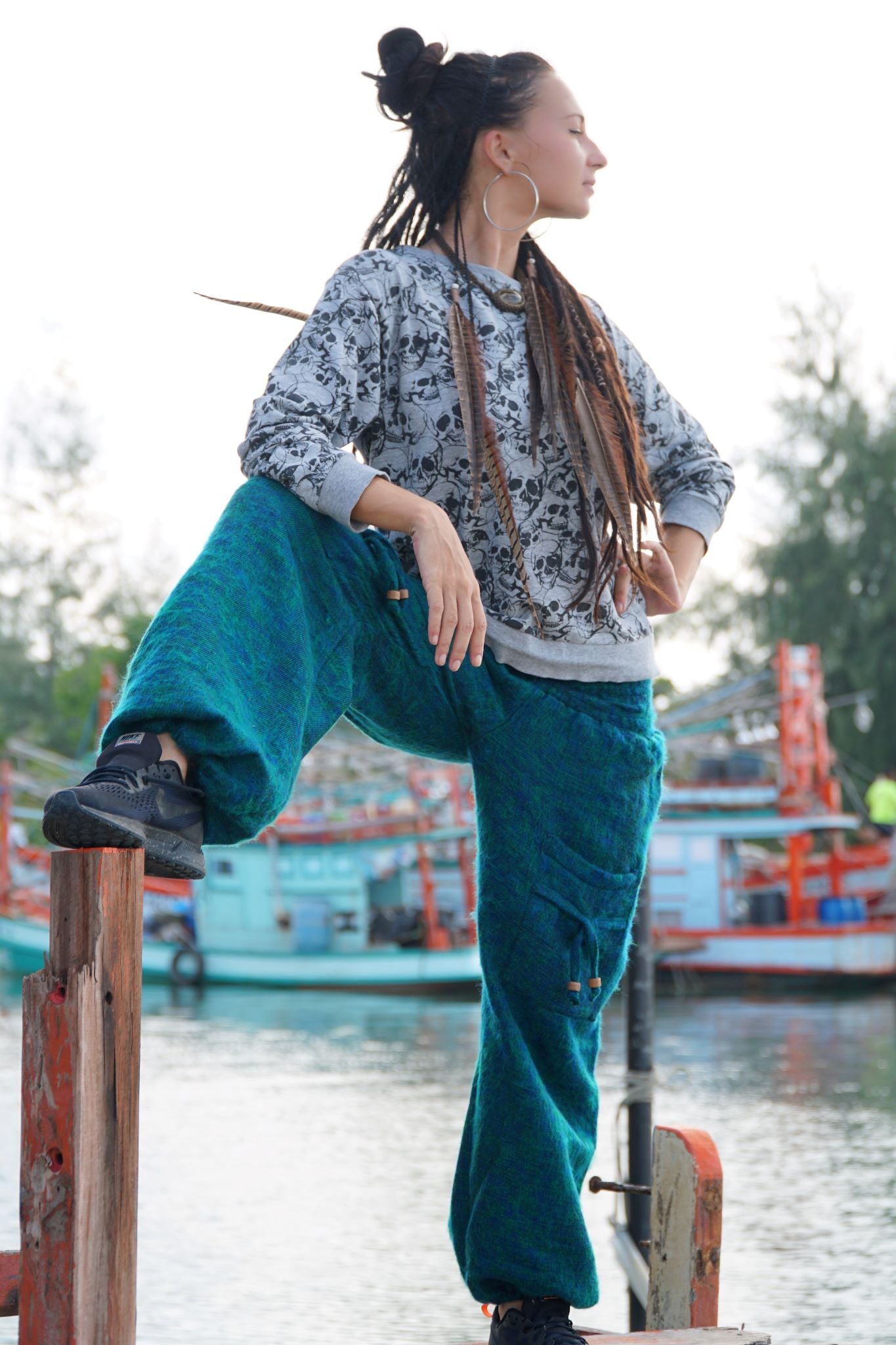 Warm High Crotch Harem Pants - Cashmilon - Blue & Green Mix