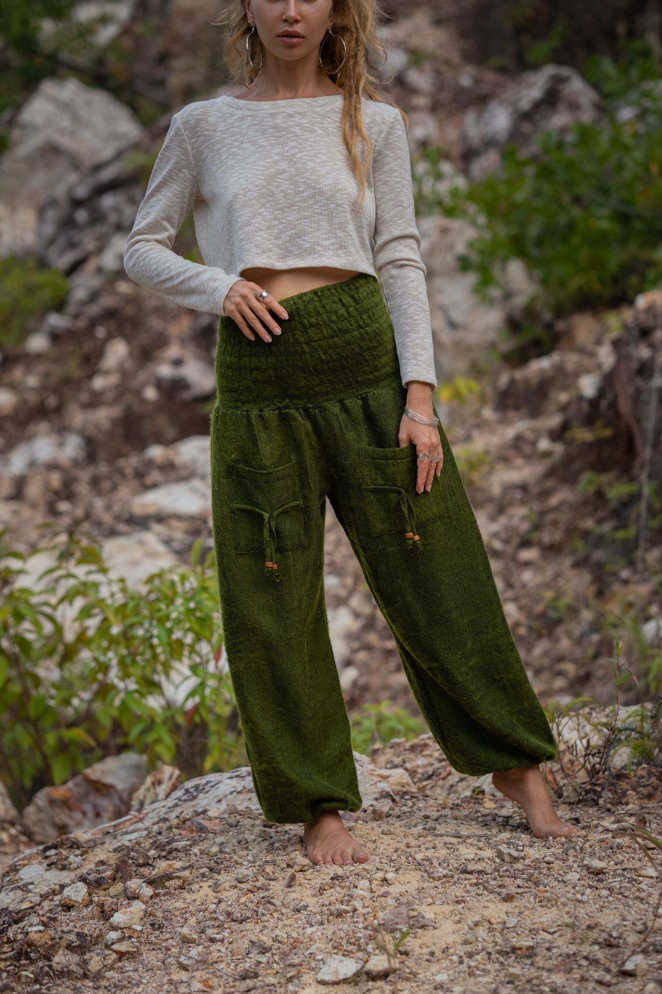 Warm High Crotch Harem Pants - Cashmilon - Green