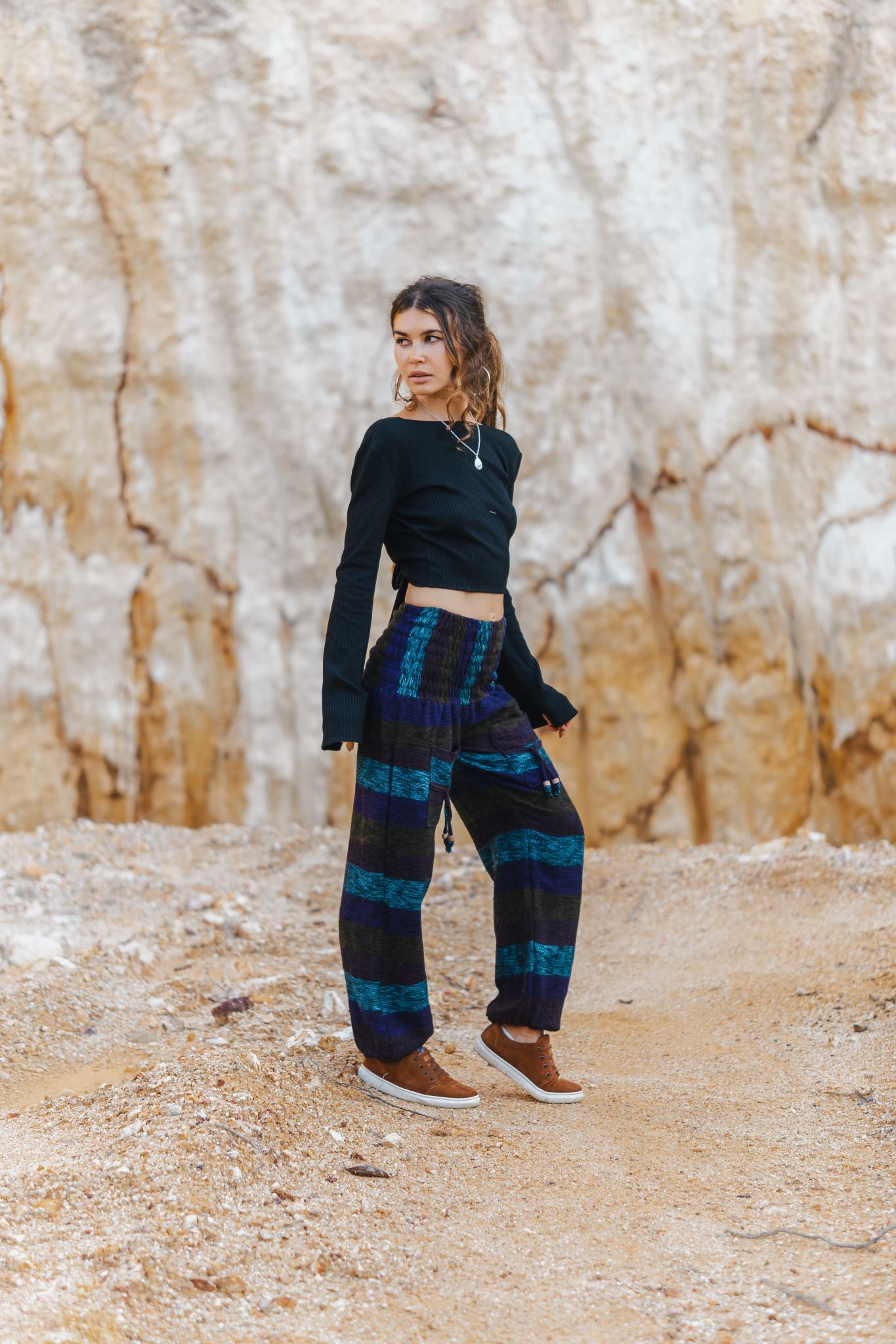 Warm High Crotch Harem Pants - Cashmilon Striped - Purple/Teal