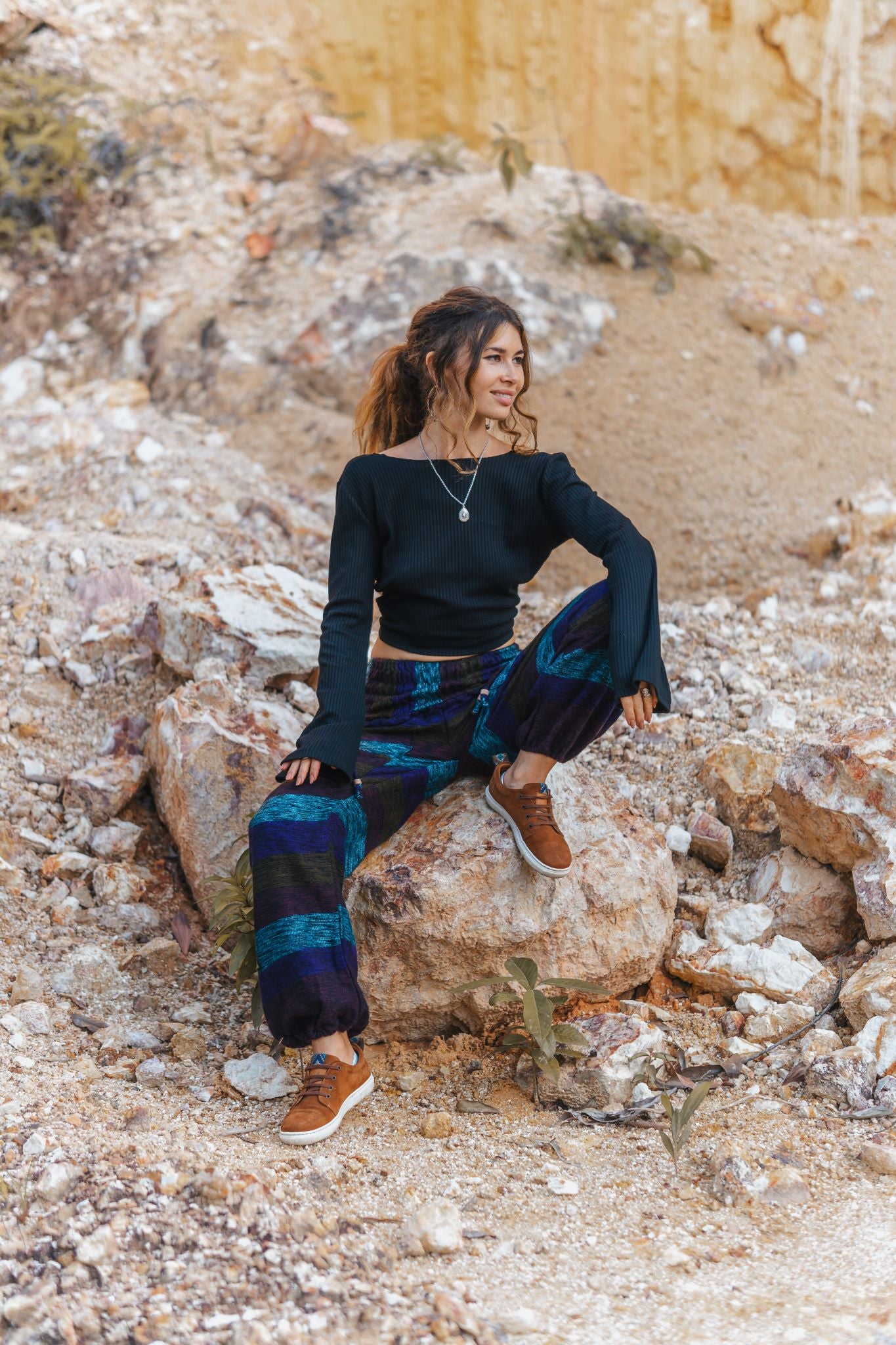 Warm High Crotch Harem Pants - Cashmilon Striped - Purple/Teal