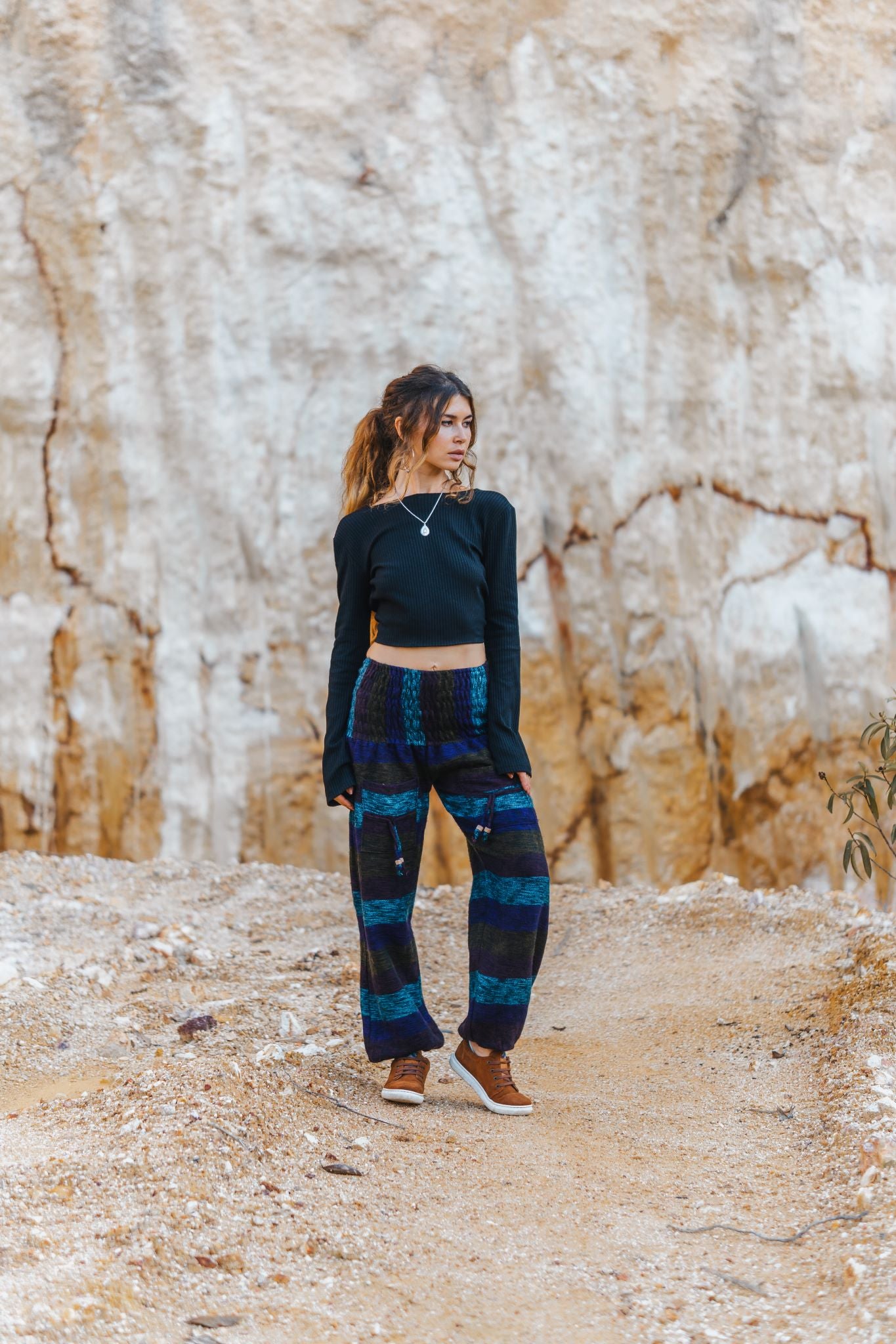 Warm High Crotch Harem Pants - Cashmilon Striped - Purple/Teal