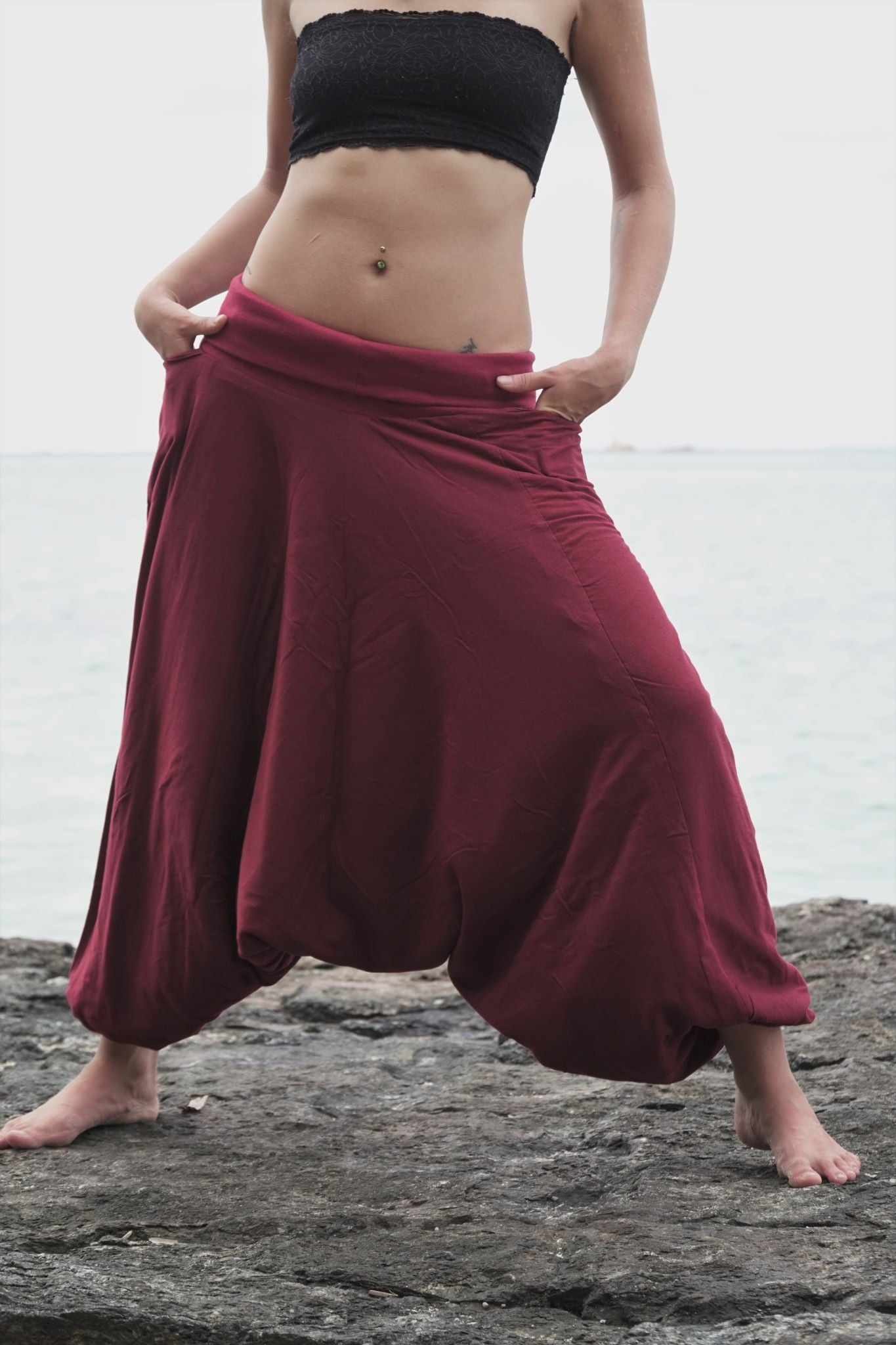 Fleece Lined Harem Pants - Plain - Maroon