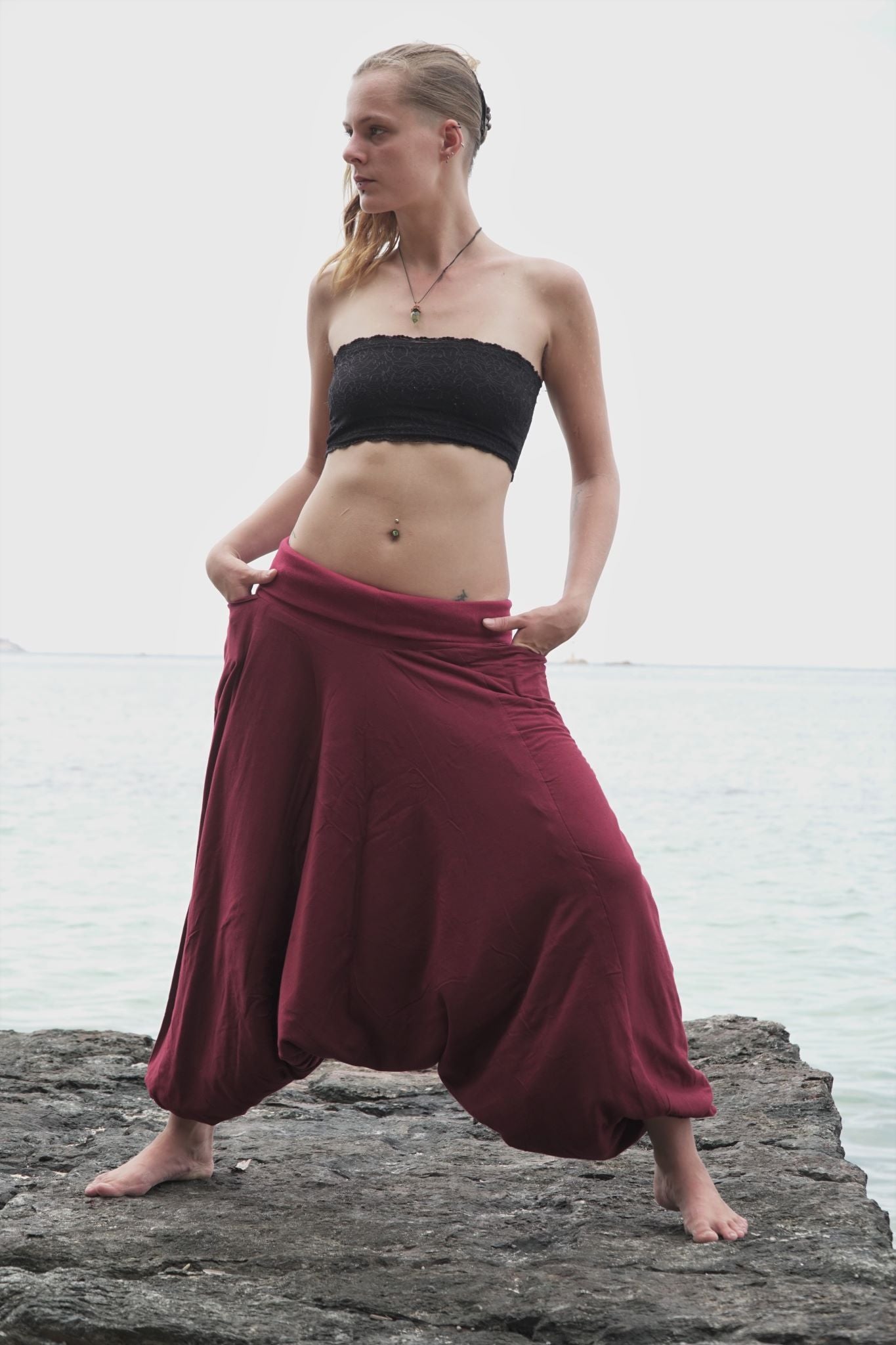 Fleece Lined Harem Pants - Plain - Maroon