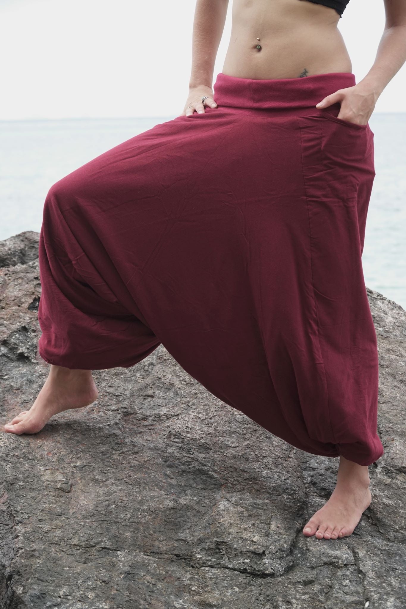 Fleece Lined Harem Pants - Plain - Maroon