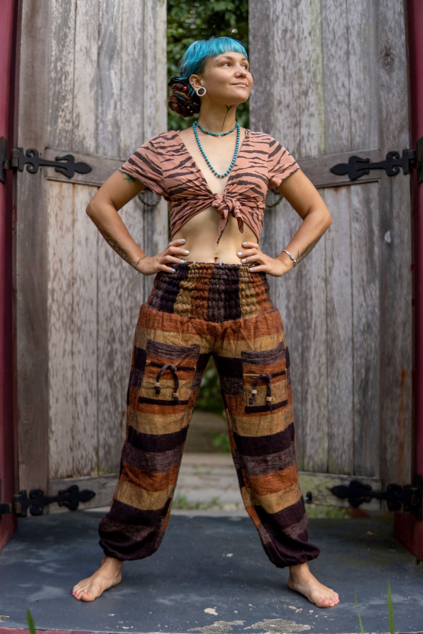 Warm High Crotch Harem Pants - Cashmilon Striped - Brown/Gold