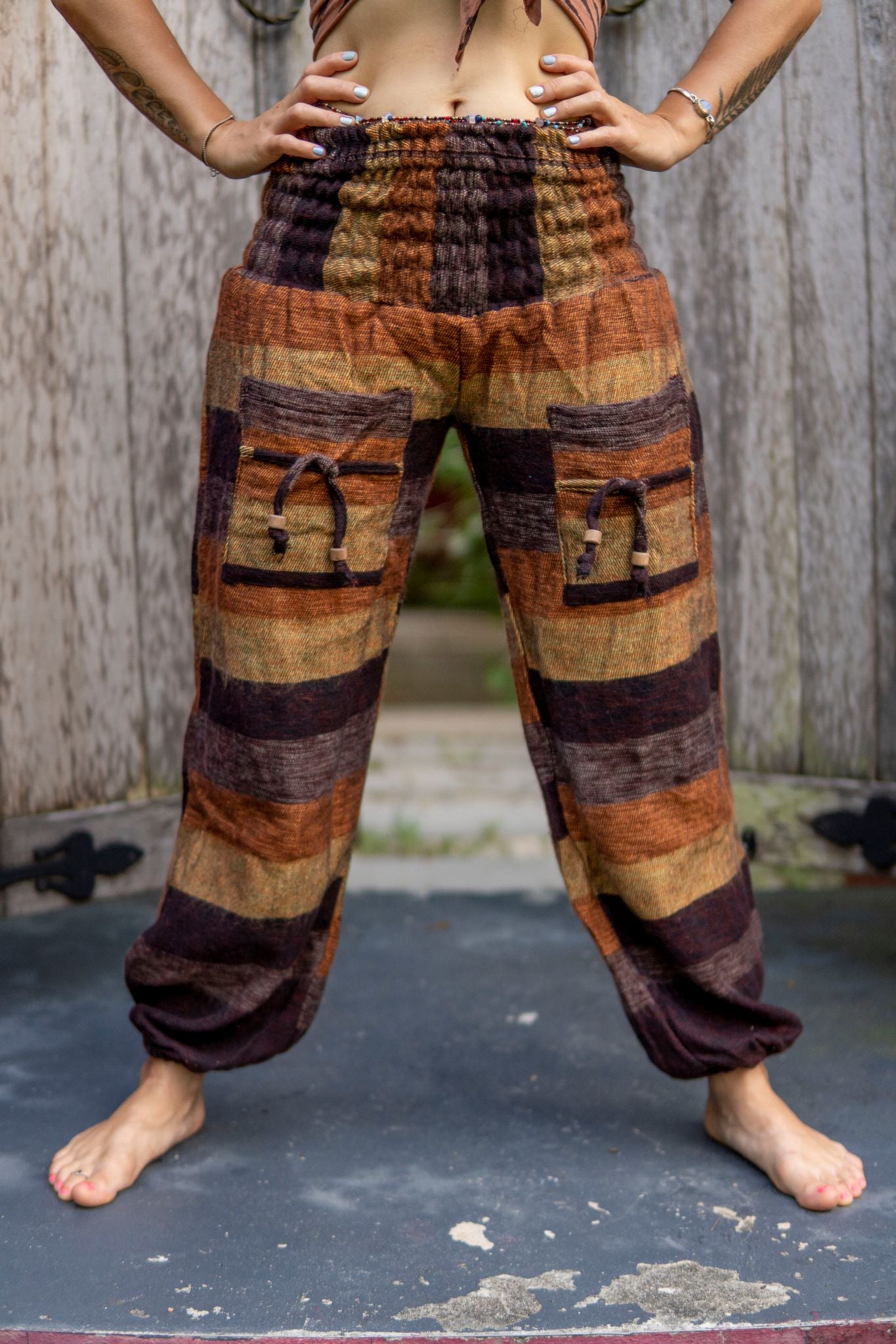 Warm High Crotch Harem Pants - Cashmilon Striped - Brown/Gold