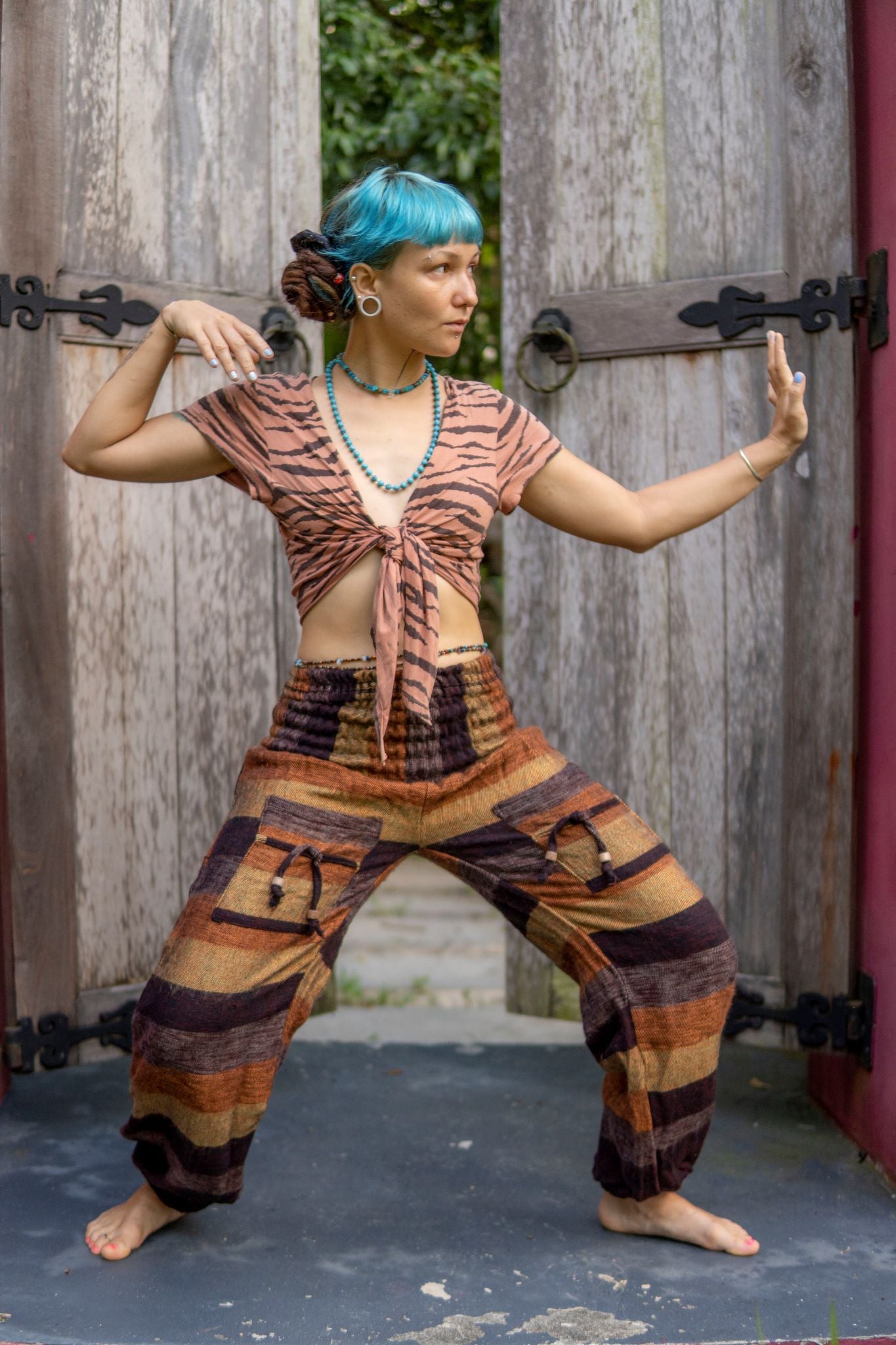 Warm High Crotch Harem Pants - Cashmilon Striped - Brown/Gold