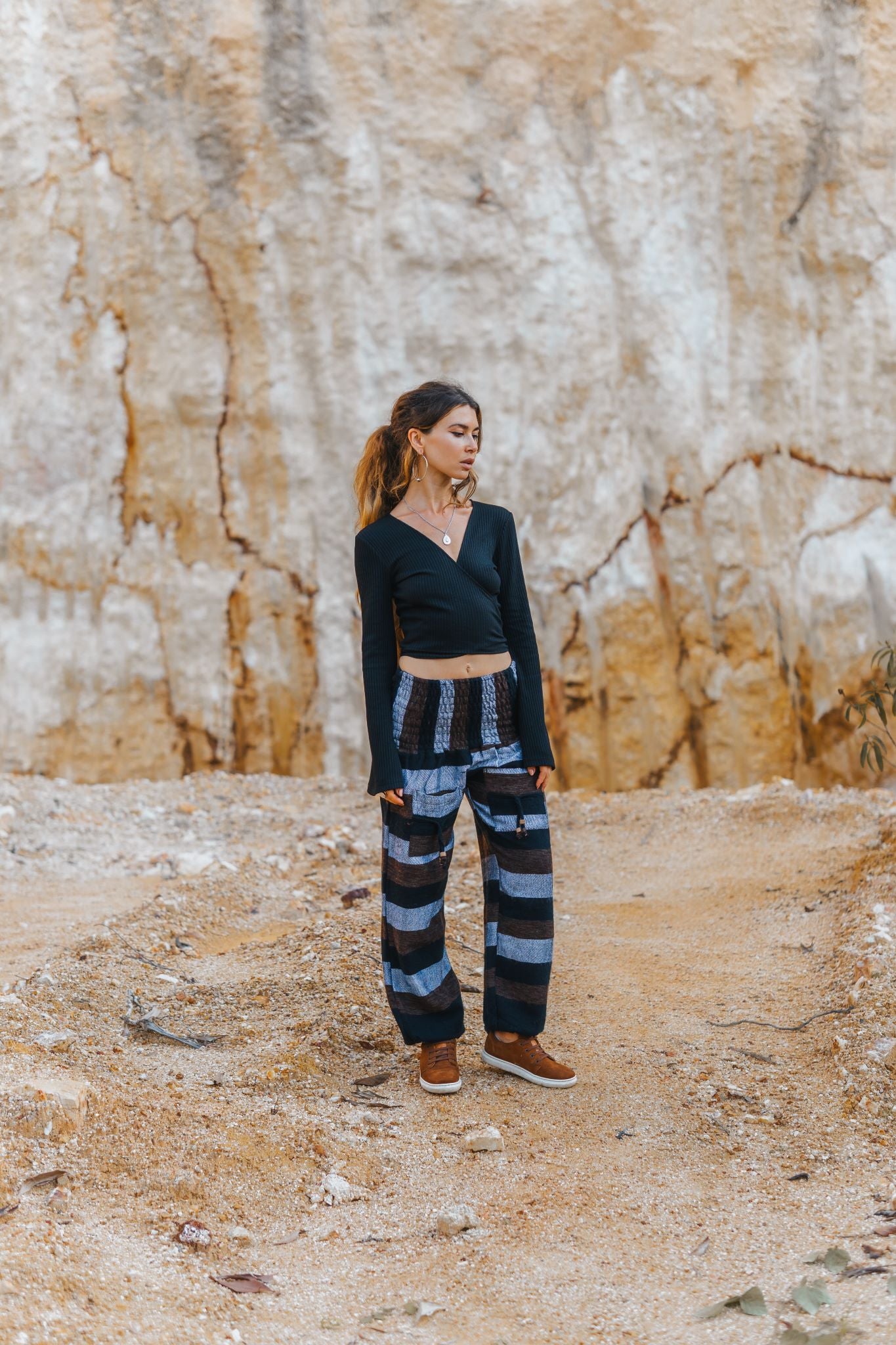 Warm High Crotch Harem Pants - Cashmilon Striped - Grey/Brown/Black