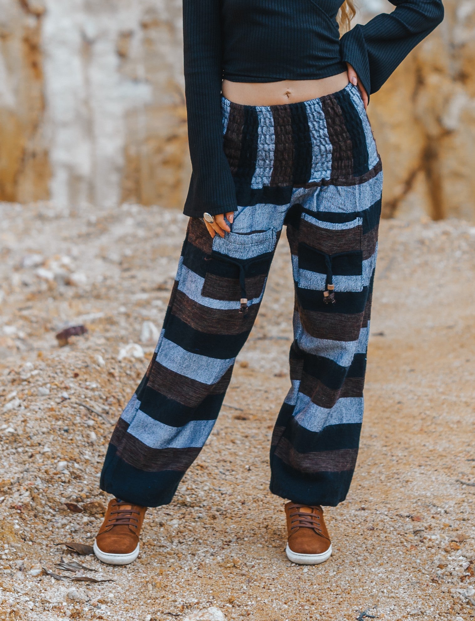 Warm High Crotch Harem Pants - Cashmilon Striped - Grey/Brown/Black