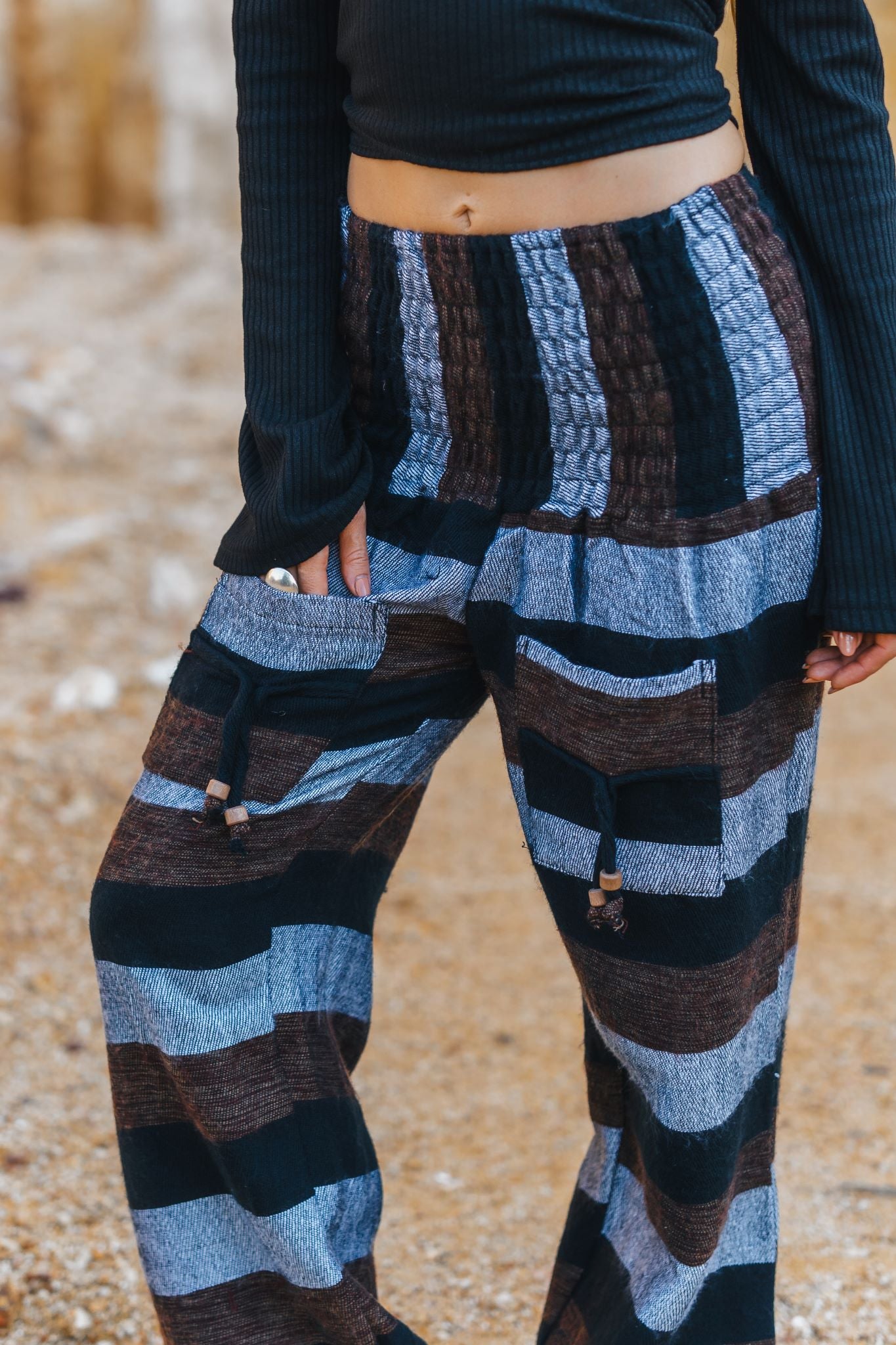 Warm High Crotch Harem Pants - Cashmilon Striped - Grey/Brown/Black