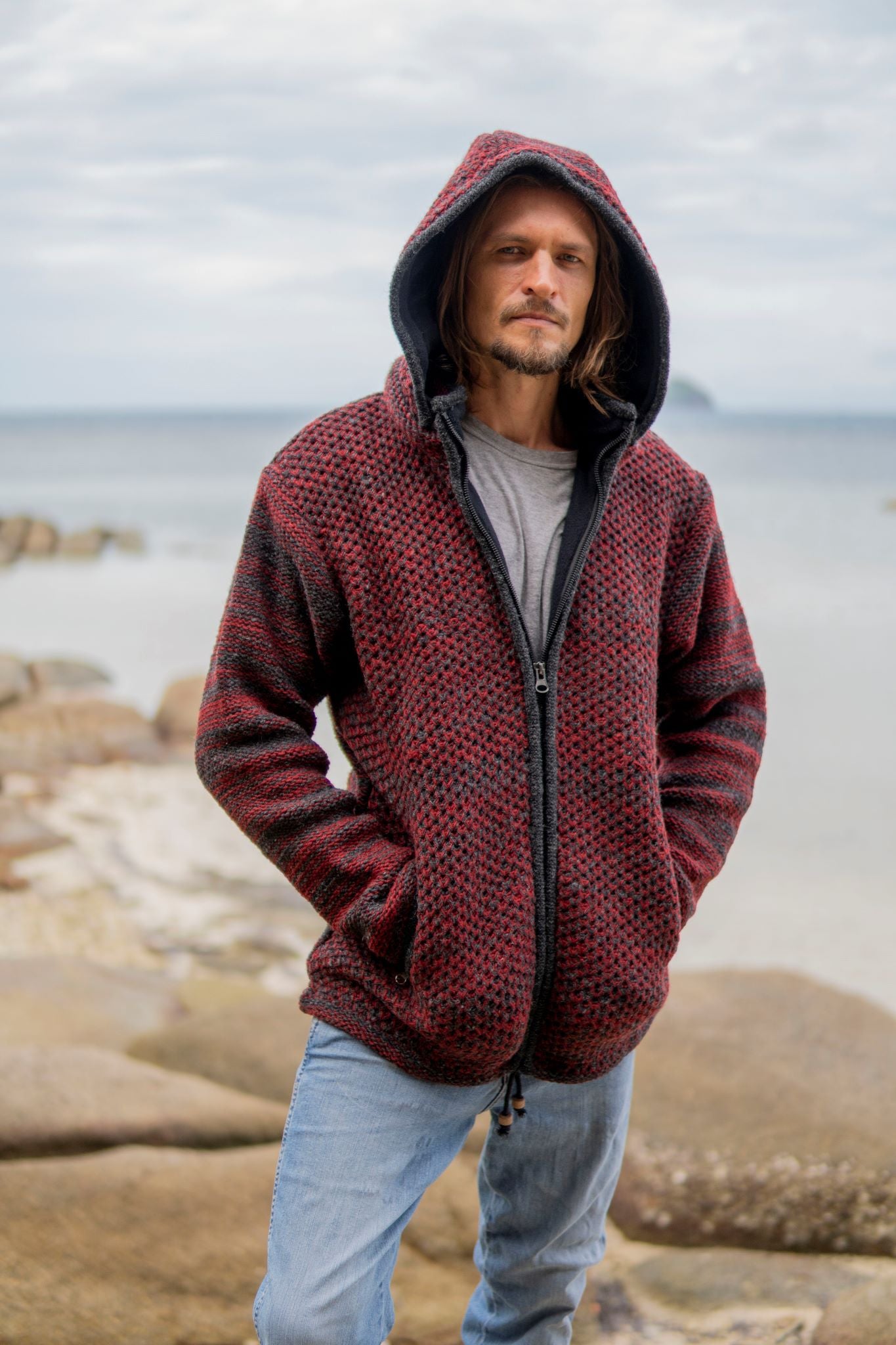 Wool Jacket - Eyelet Pattern - Maroon