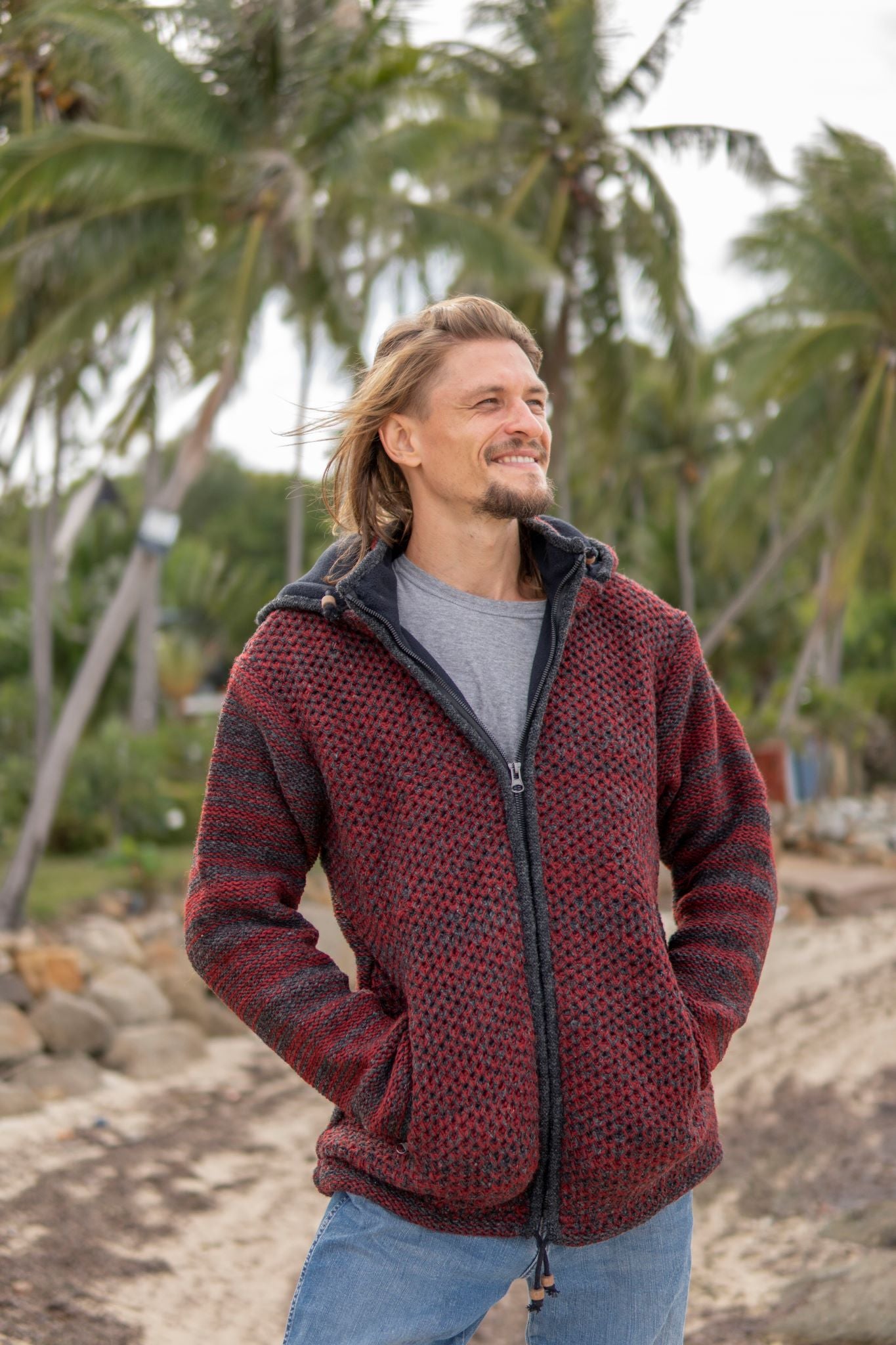 Wool Jacket - Eyelet Pattern - Maroon