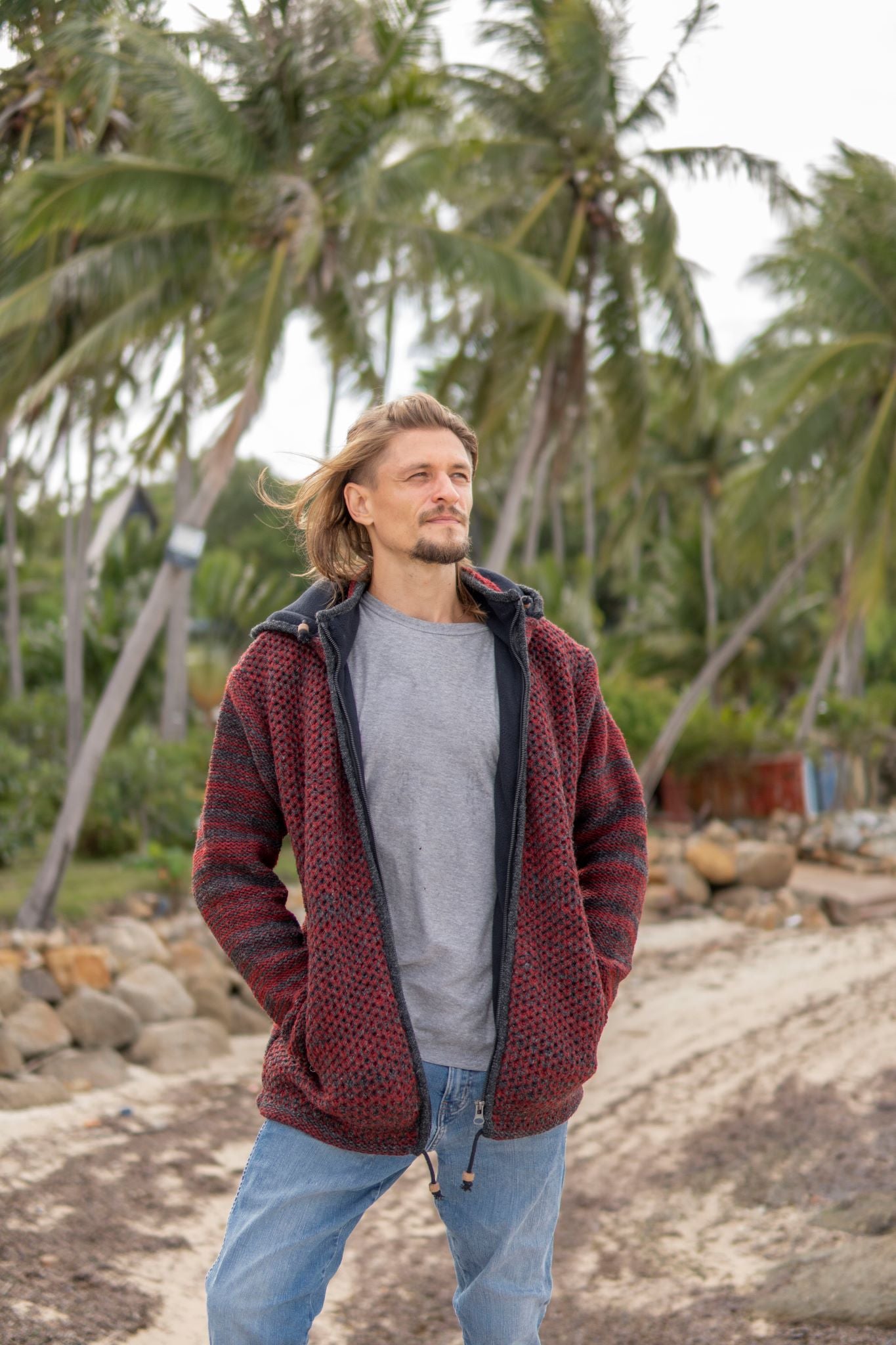 Wool Jacket - Eyelet Pattern - Maroon