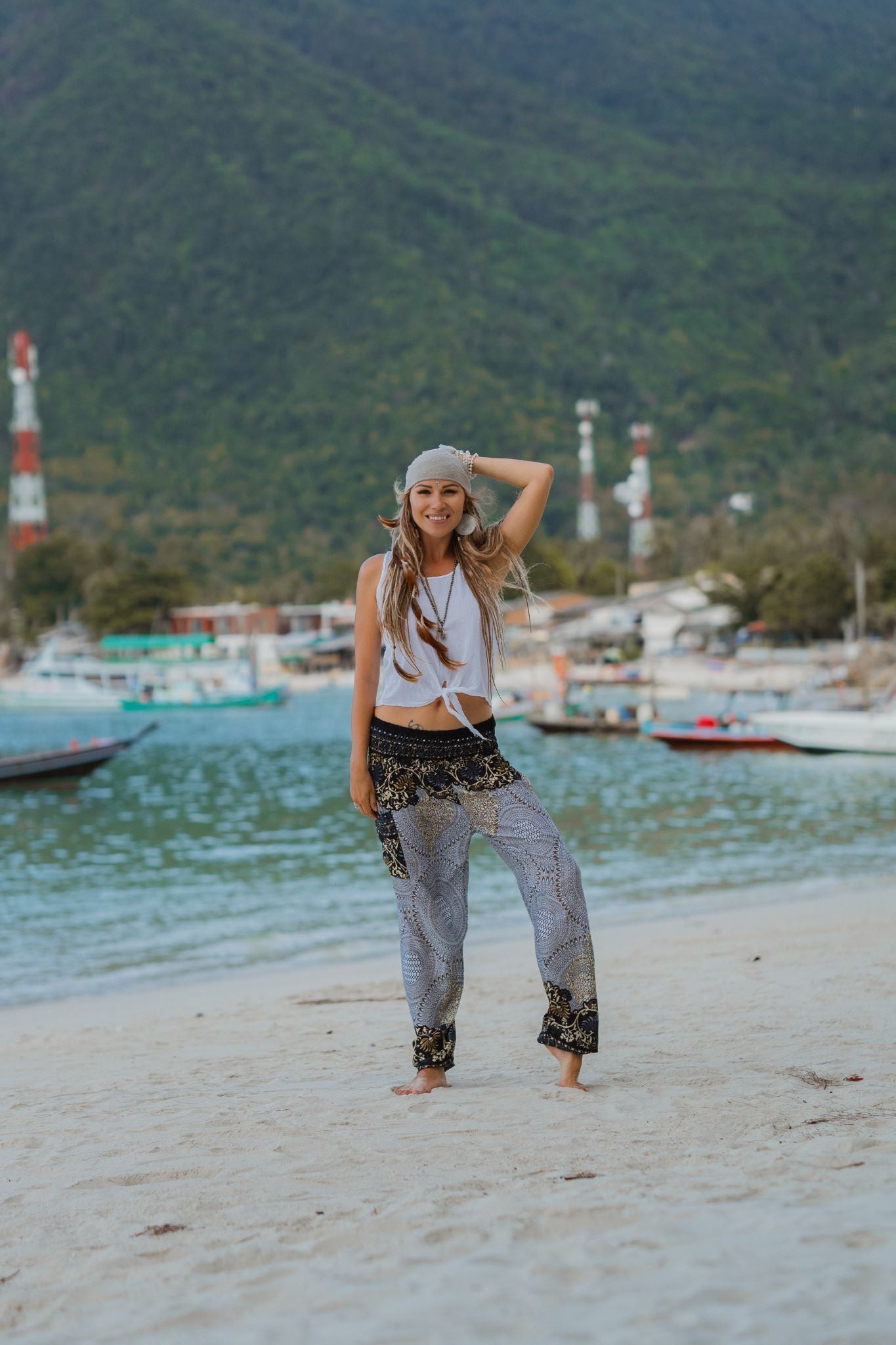 High Crotch Harem Pants - Large Paisley Print - White