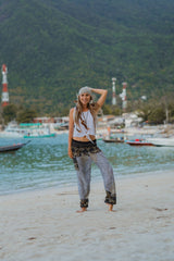 High Crotch Harem Pants - Large Paisley Print - White